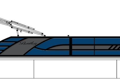 2026 Bentley Pontoons Elite 253 Admiral Tri-toon, sleek blue design, side view.