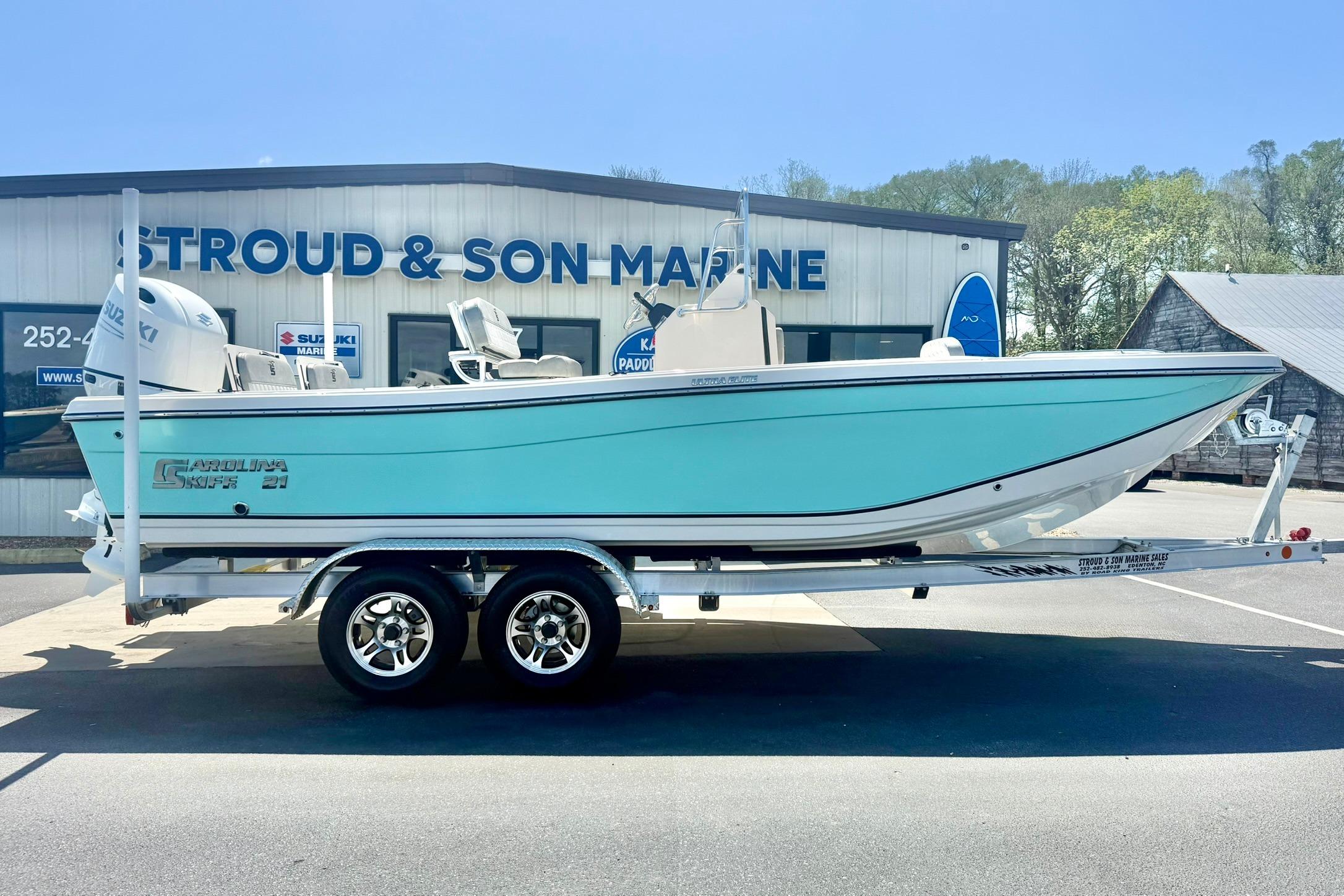2026 Carolina Skiff 21 Ultra Elite boat on trailer at Stroud & Son Marine.