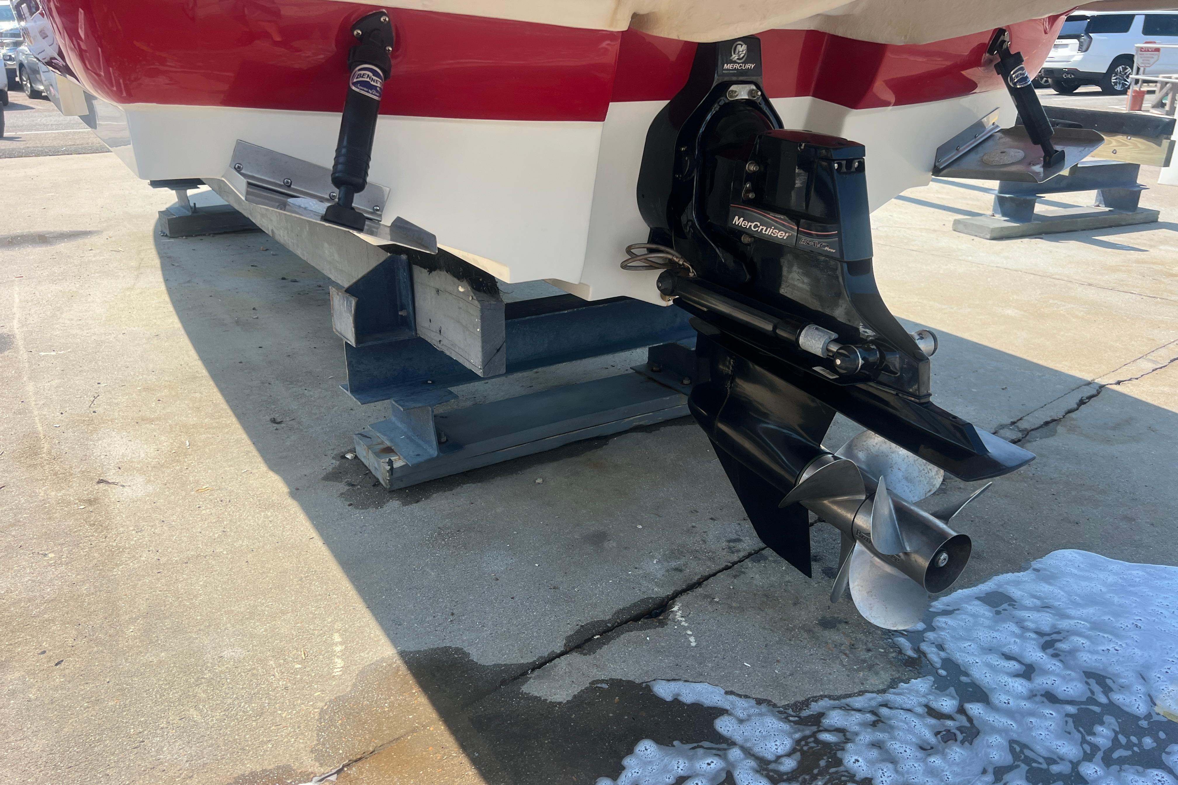 Rear view of a 2005 Sea Ray 240 Sundeck boat with MerCruiser outdrive.