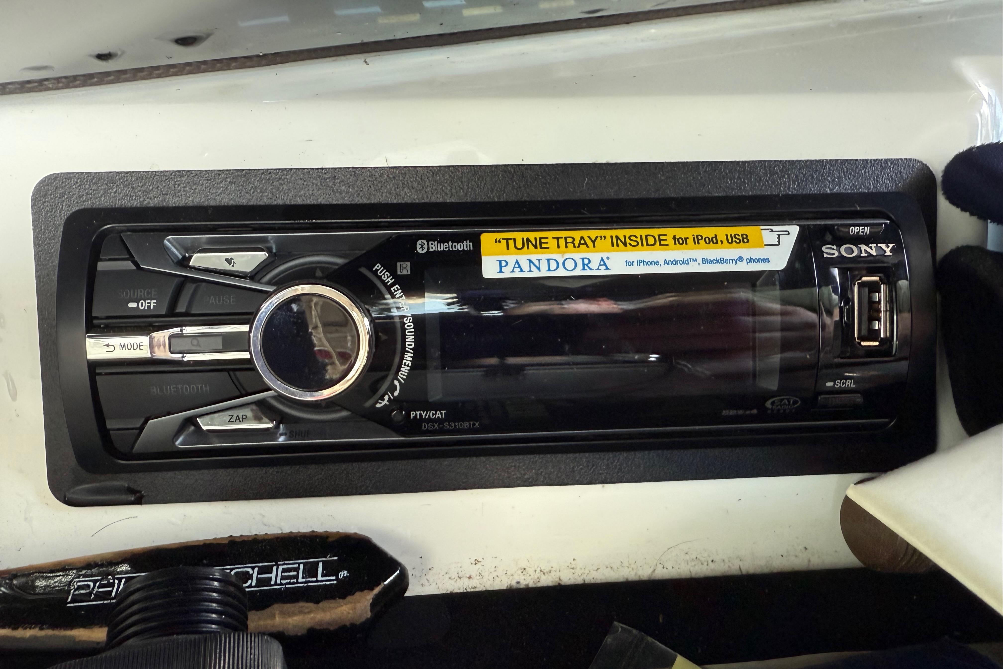 Sony car stereo with Bluetooth and USB in a 2015 Cobalt 200 boat.