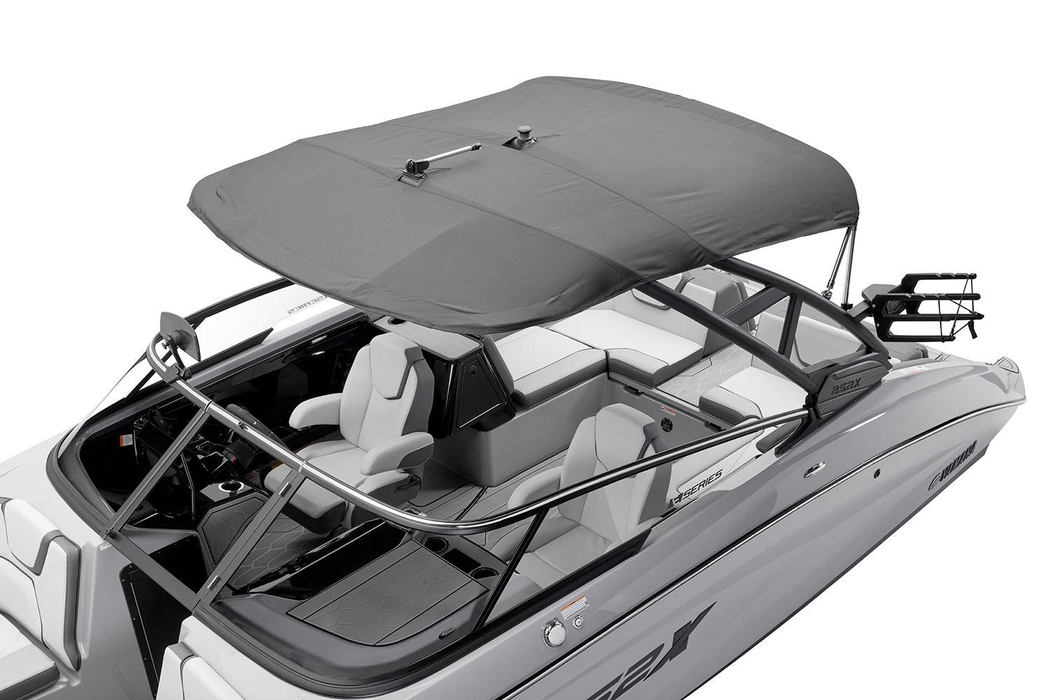 Manufacturer Provided Image: 2026 Yamaha Boats 252XE with canopy, sleek design, and spacious seating.