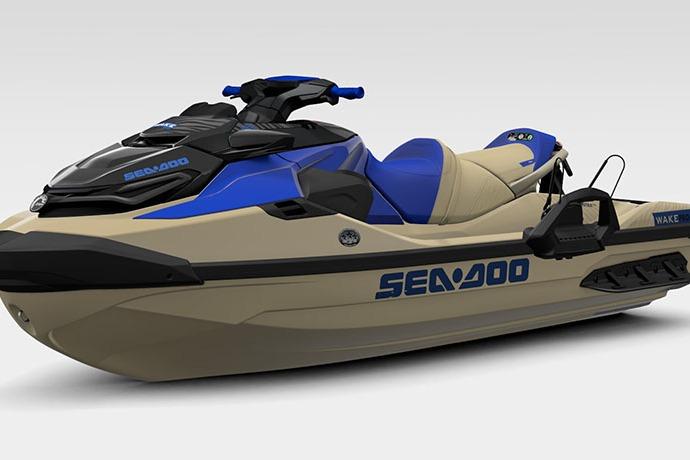 2025 Sea-Doo Wake Pro 230 jet ski, beige and blue design, side view.