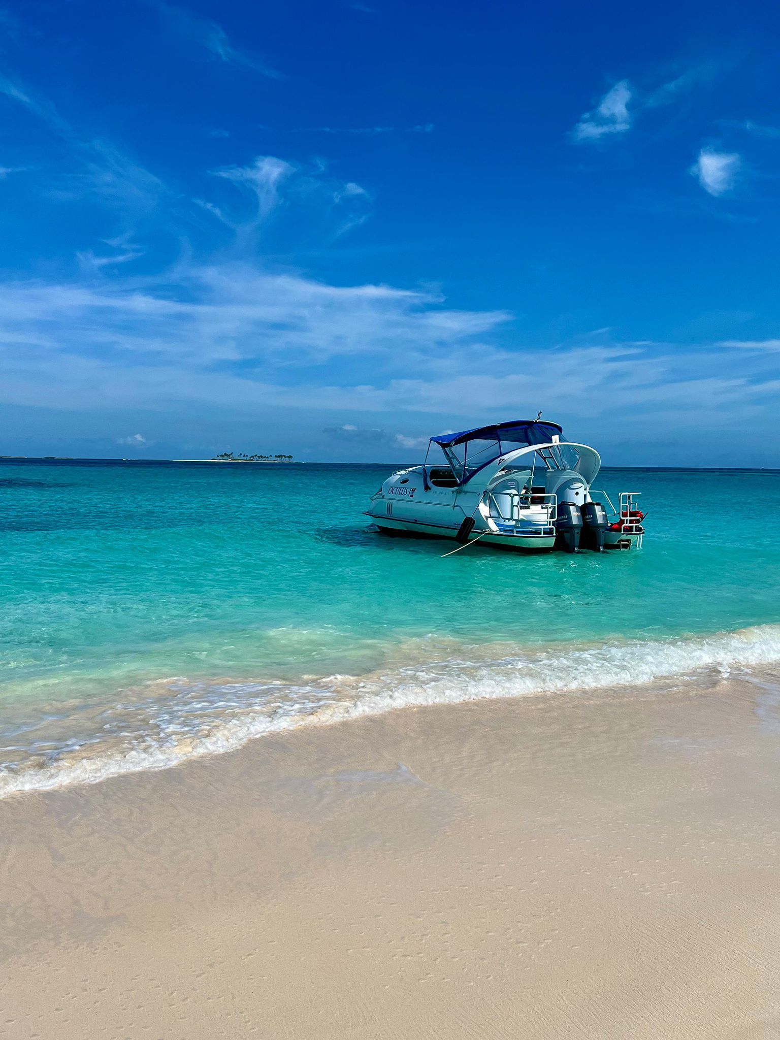 A modern boat with a blue canopy sits in clear turquoise water near a sandy beach.