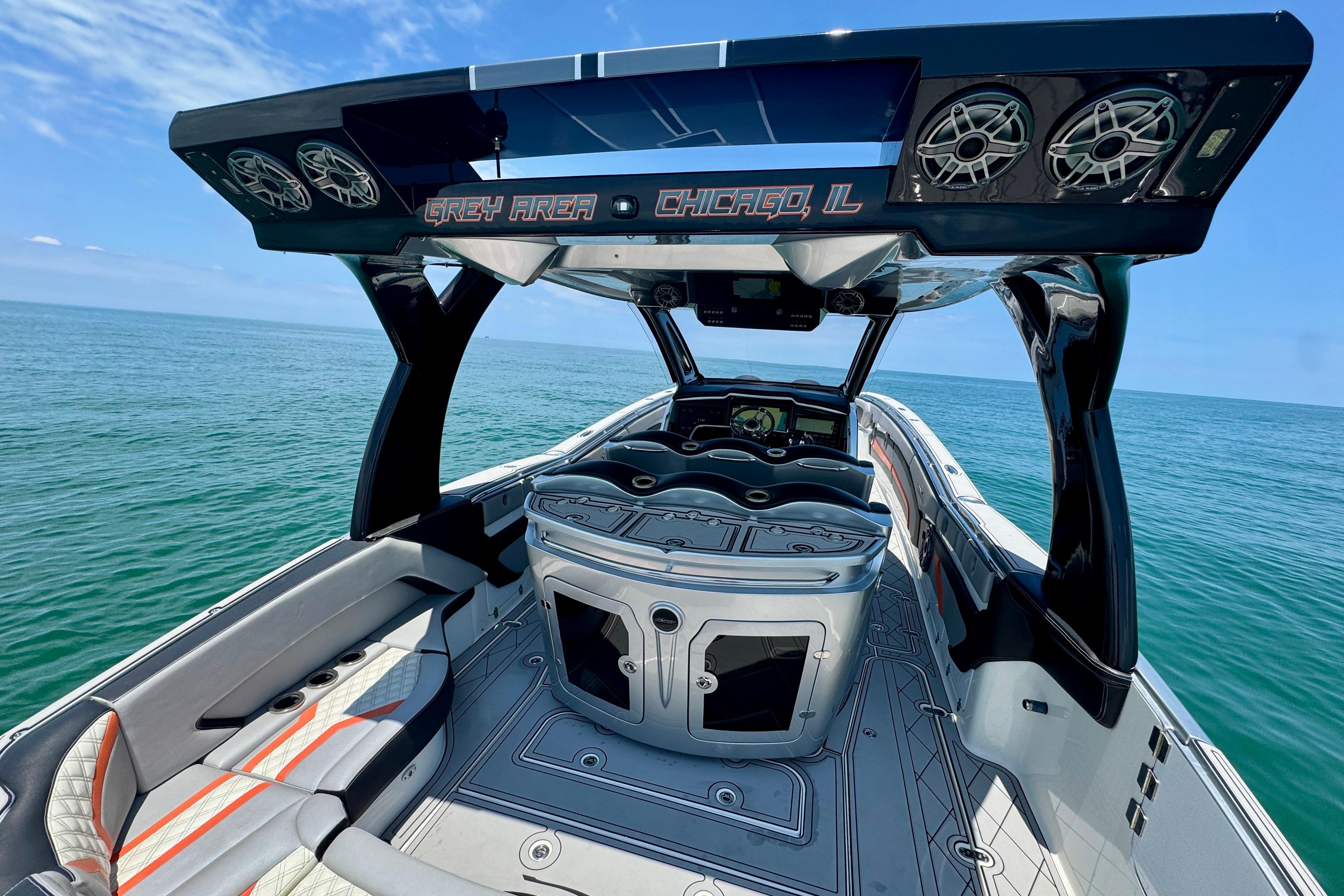 Luxury MTI V42 boat interior with sleek design, Chicago, IL, 2017 model on open water.