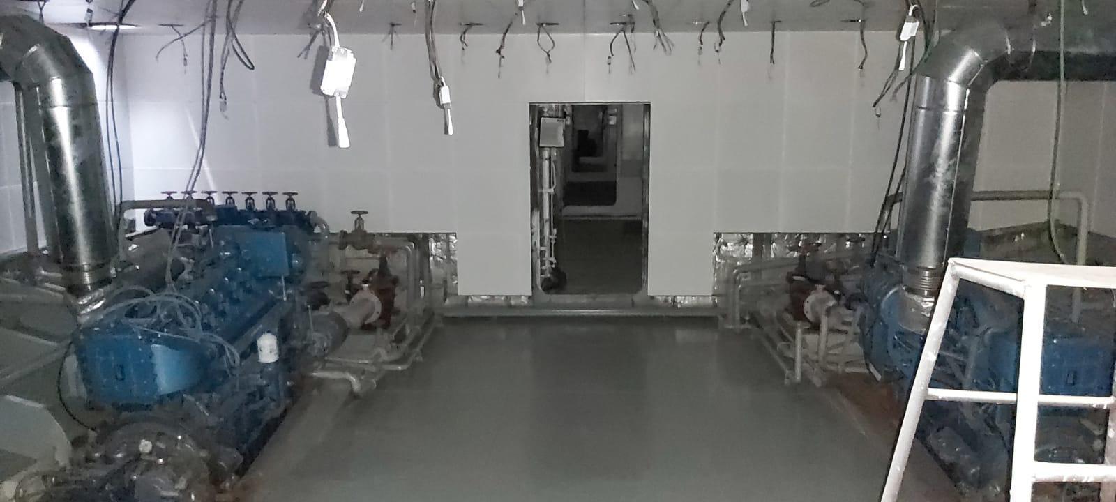 Engine room with dual blue engines, Custom 42M model, 2024, industrial setting.