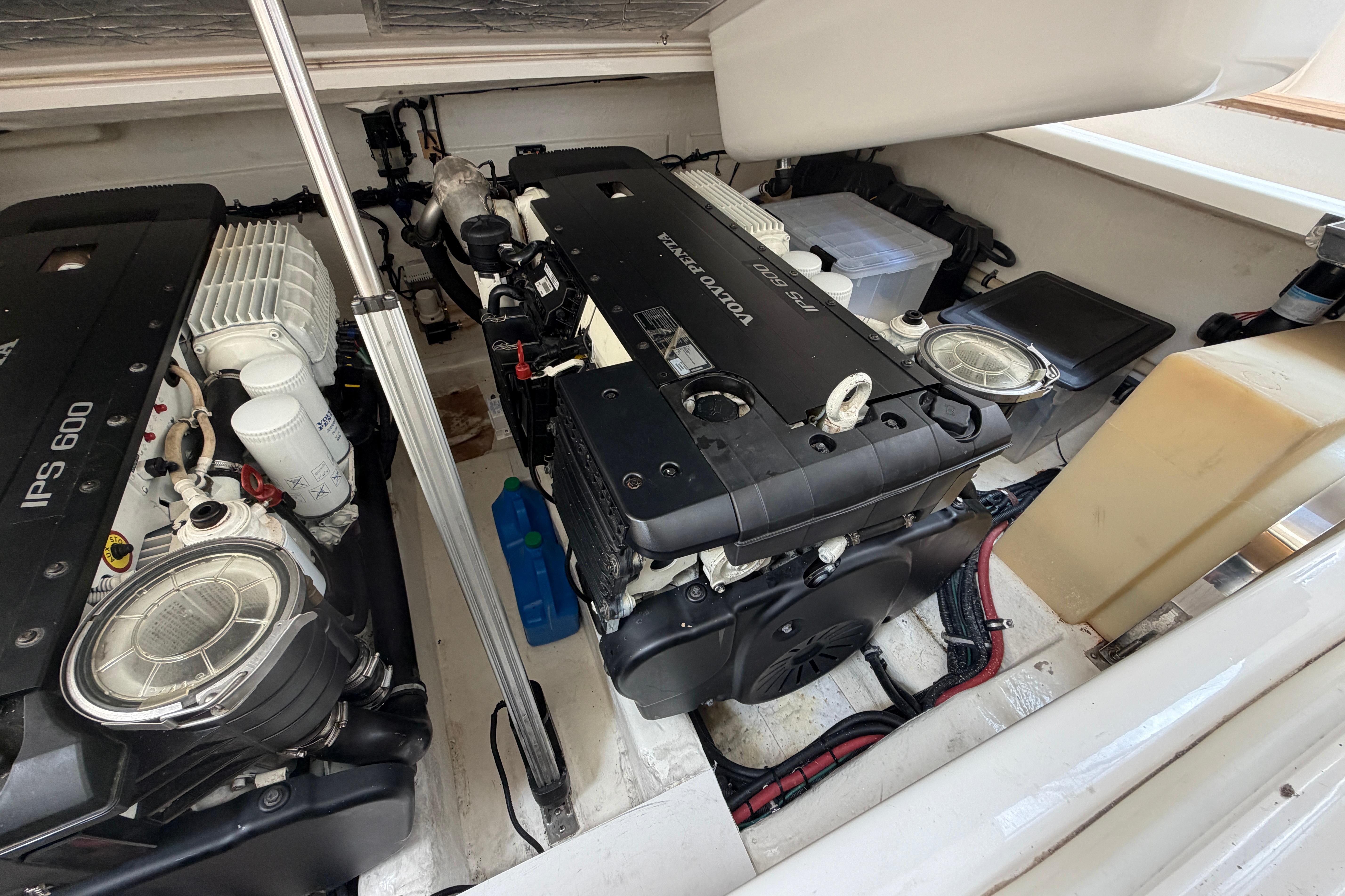 Engine room of a 2015 Riviera 445 SUV with Volvo Penta IPS 600 engines