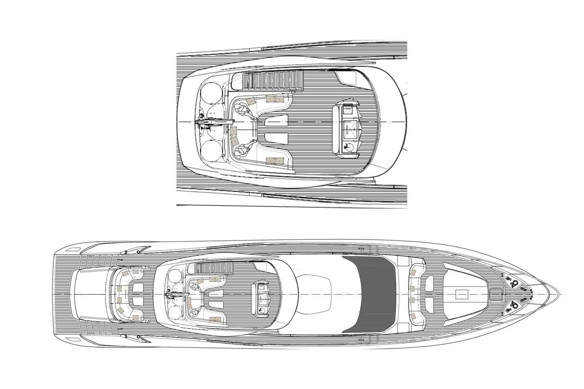 Floor plan of 2023 Mangusta MANGUSTA 104 REV luxury yacht, top and side views.
