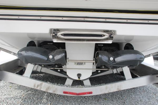 2023 Scarab 255 Open ID boat stern with dual jet engines.