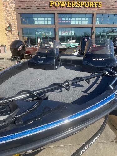2025 Nitro ZV19 boat displayed at Powersports dealership.
