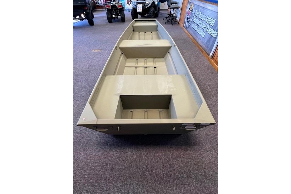 2026 Tracker Grizzly 14 Jon boat displayed indoors, showcasing its spacious interior design.