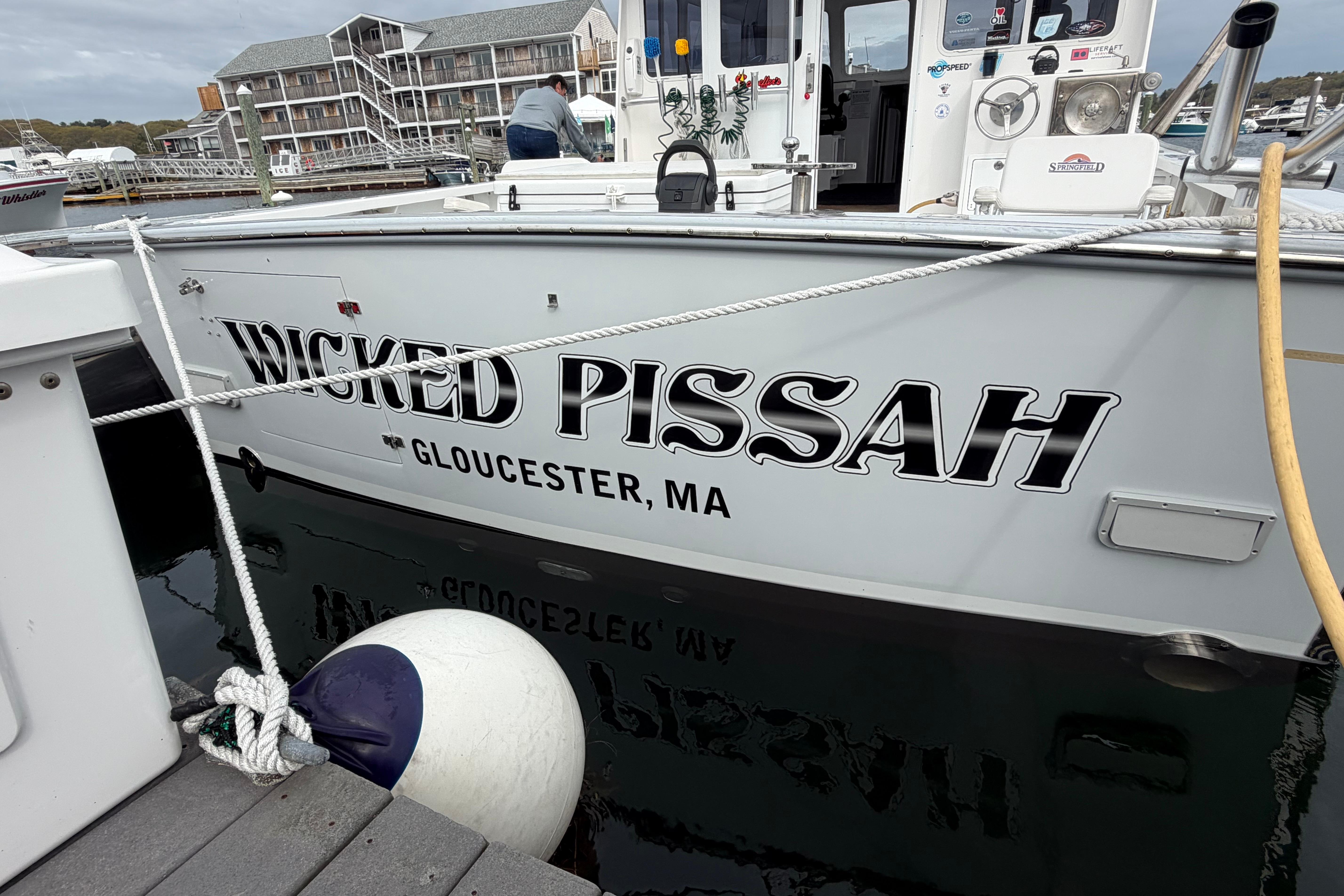 2018 H&H Marine Osmond Beal boat named "Wicked Pissah" docked in Gloucester, MA.