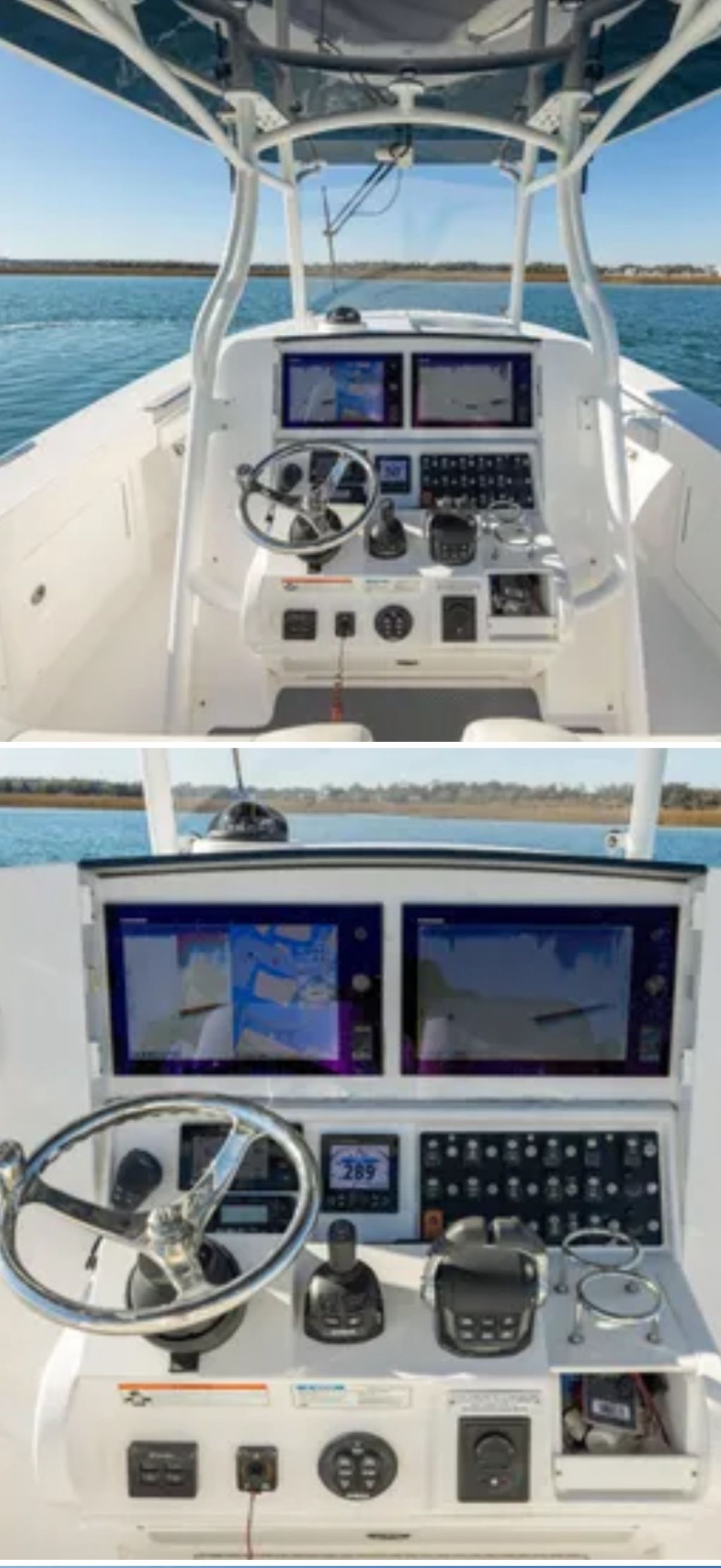 The image shows the helm of a 2014 Southport 29 Center Console boat with dual screens.