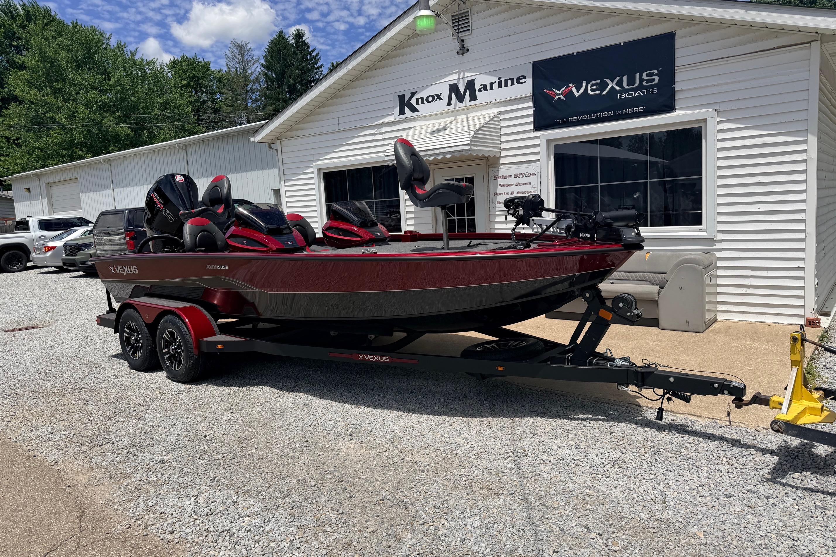 2026 Vexus AVX1985s boat on trailer outside Knox Marine dealership.