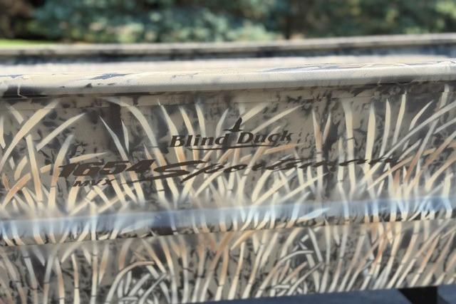 2026 Tracker Grizzly 1654 T Sportsman boat with camo design and "Blind Duck" branding.