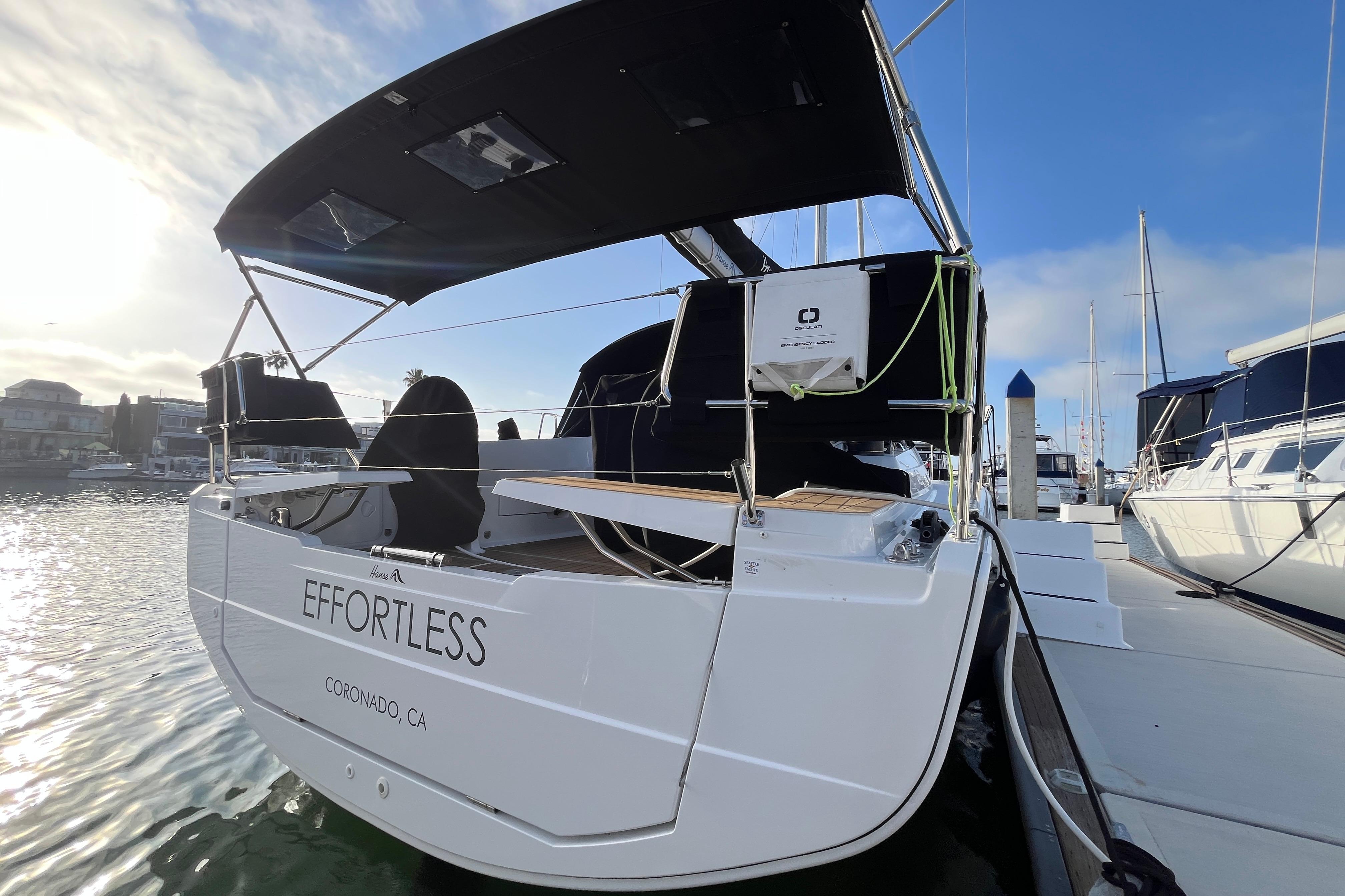 2025 Hanse 360 sailboat named "Effortless" docked in Coronado, CA marina.