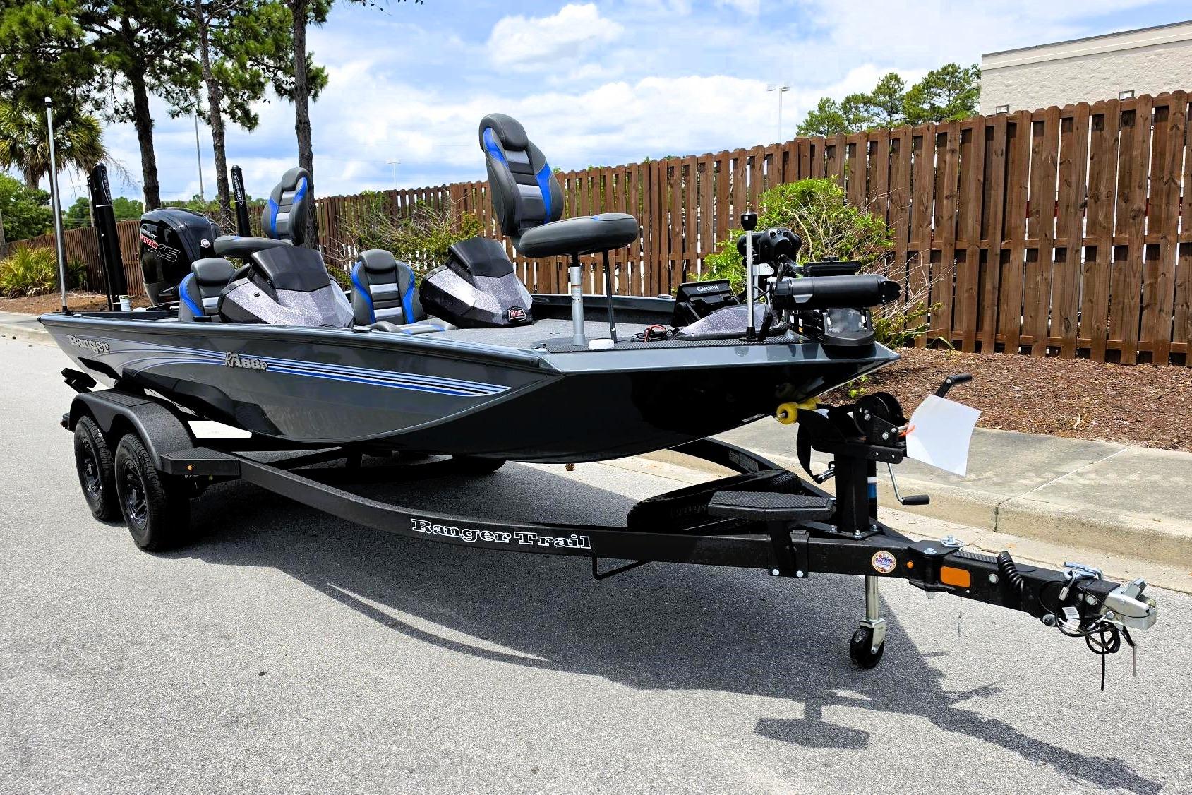 2026 Ranger RT188P fishing boat on trailer, parked outdoors, featuring sleek design and modern equipment.