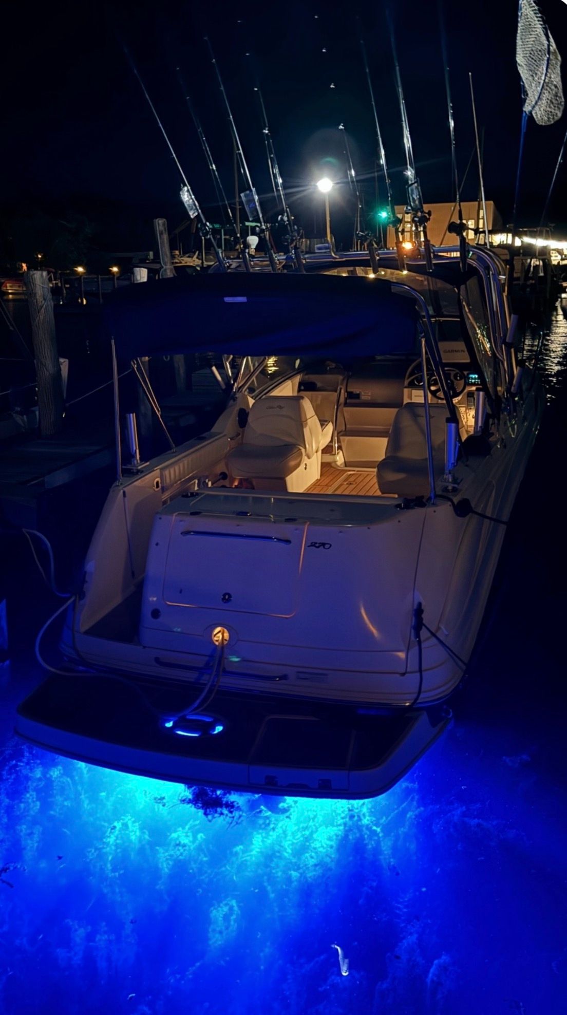 2006 Sea Ray 270 Amberjack with blue underwater lights at the dock.