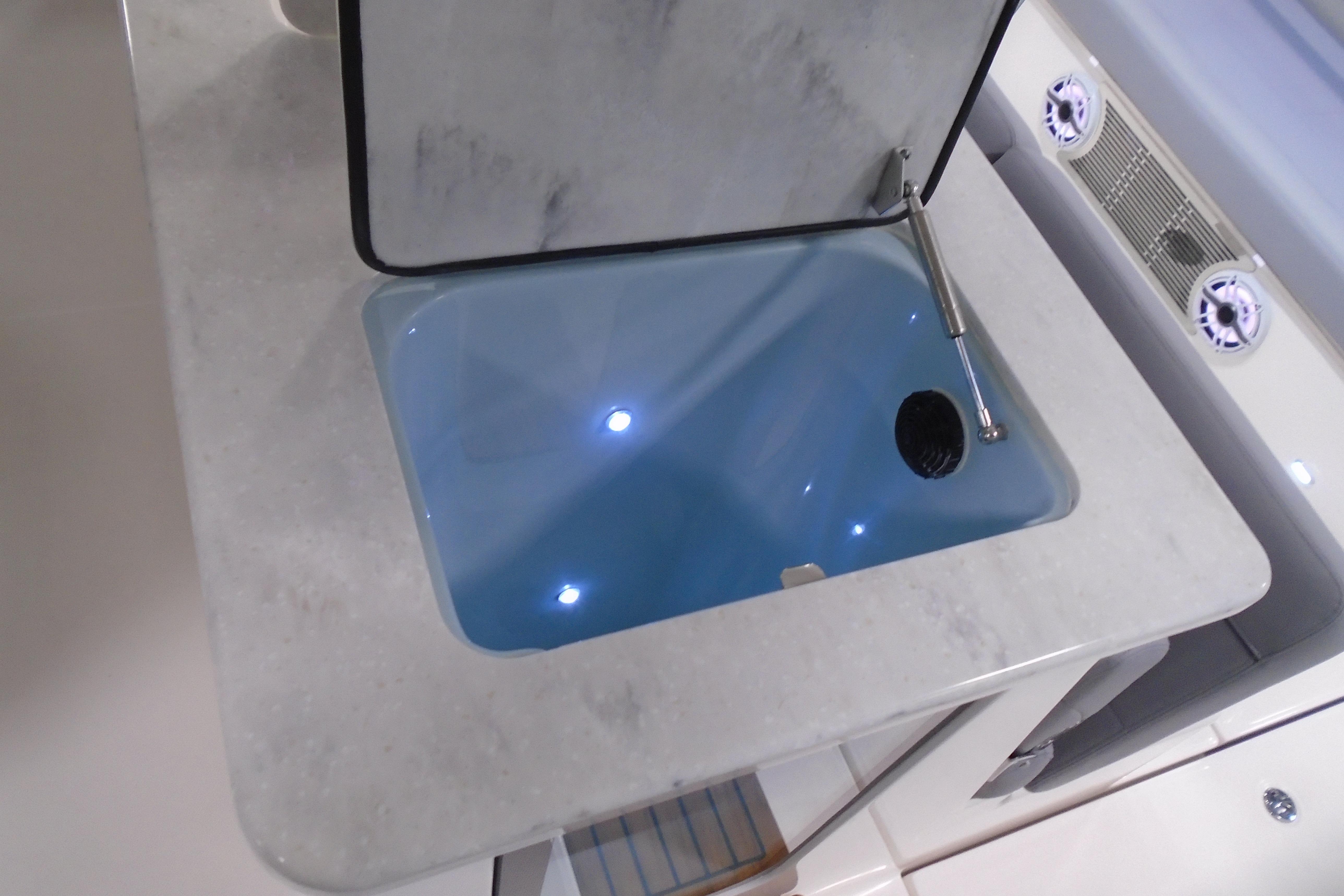 Marble countertop with sink on 2026 Regal 38 SAV boat interior.