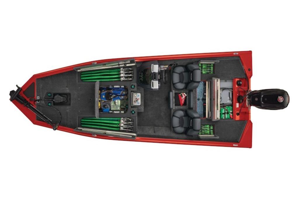 2026 Tracker Pro Team 190 boat, top view, red exterior, equipped with fishing gear.