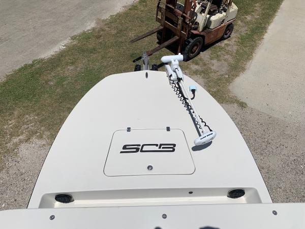 2013 SCB R24 boat with trolling motor, top view.