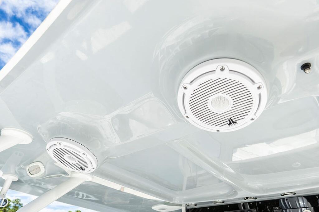 2026 Sea Hunt Gamefish 28 Coffin Box boat speakers on sleek white ceiling.