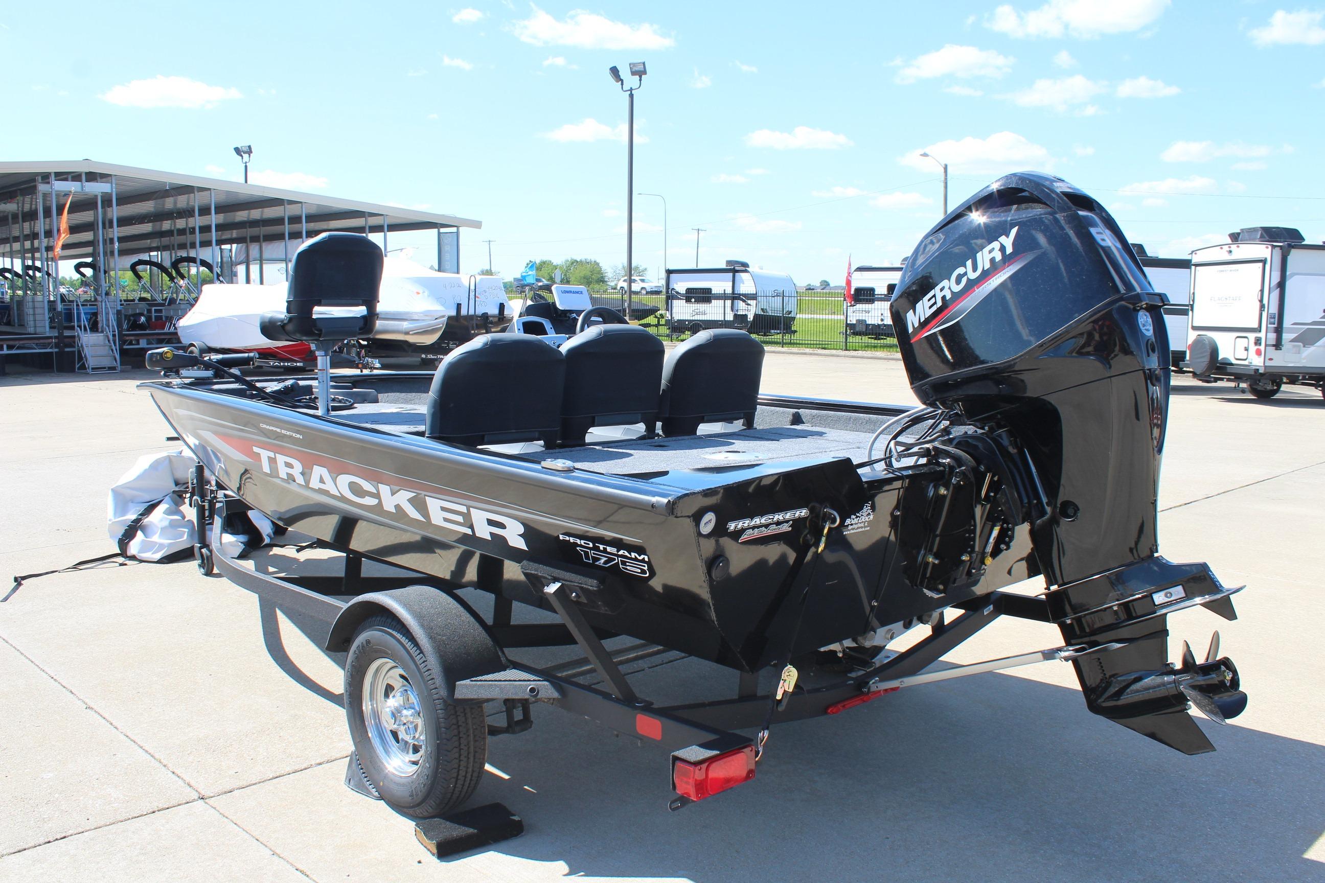 2026 Tracker Pro Team 175 Crappie Edition boat with Mercury engine on trailer.