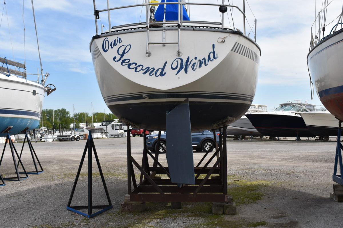 1987 S2 9.2A sailboat on a stand, out of the water.