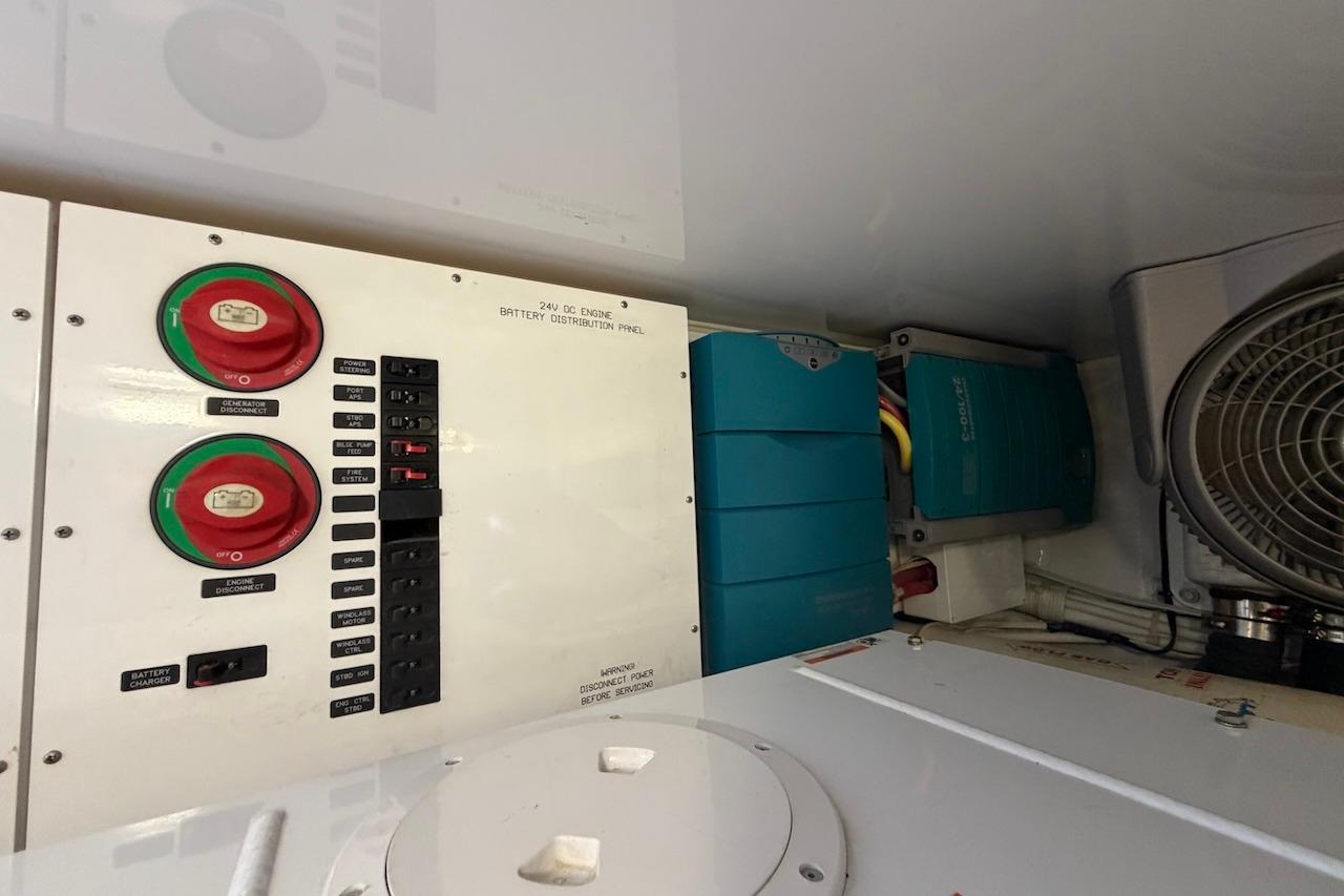 Electrical panel in a 2012 Viking 50 Convertible yacht engine room.
