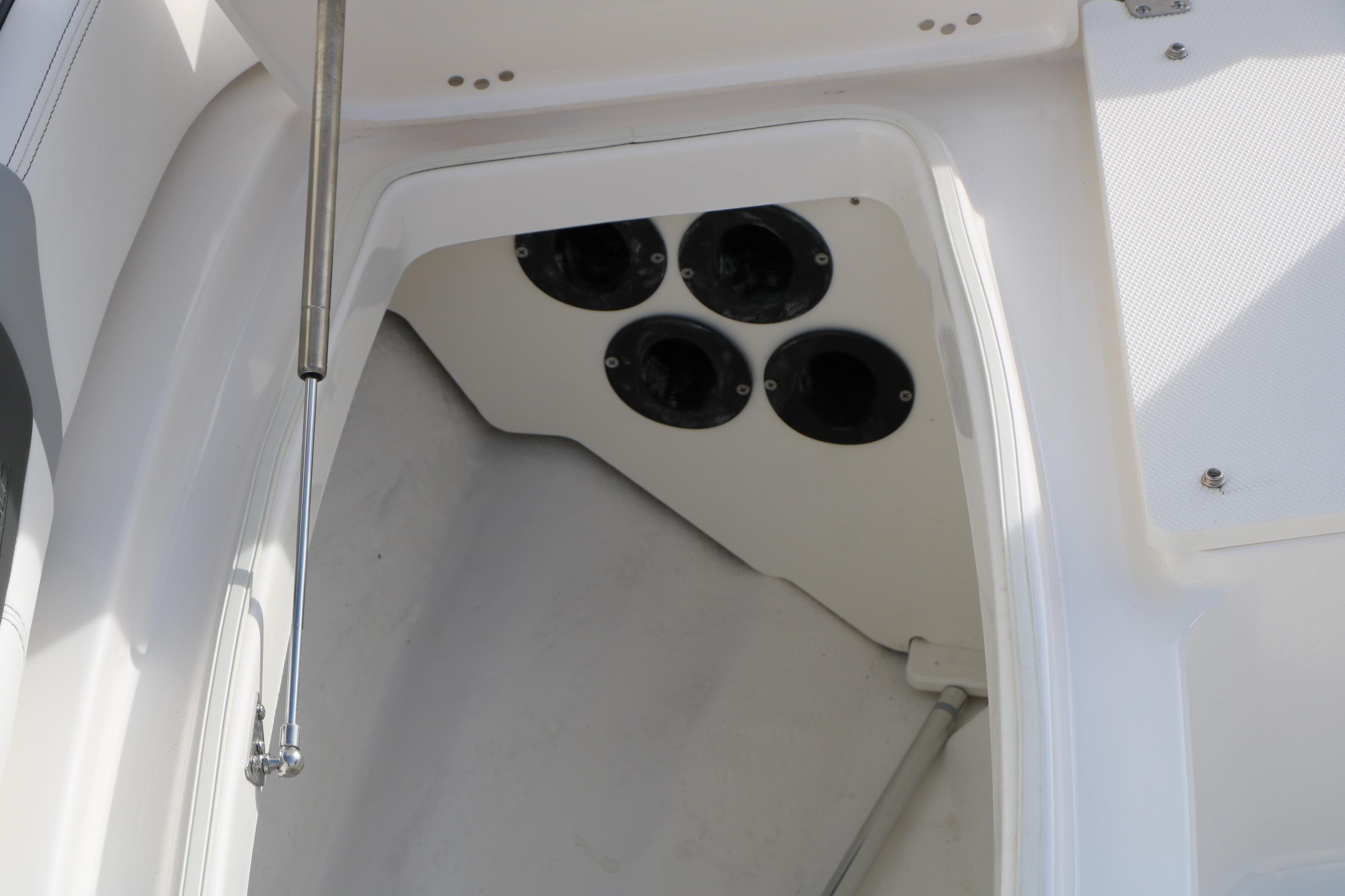 2026 Robalo 206 Cayman boat storage compartment with rod holders and hydraulic support.