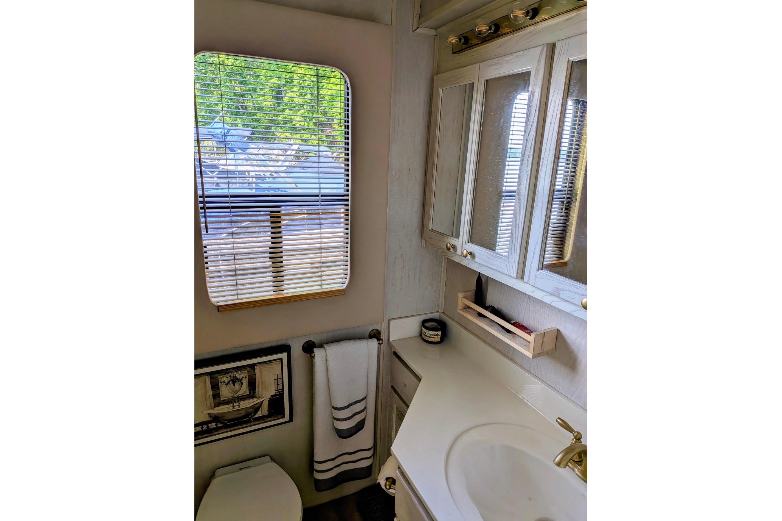 Bathroom interior of 1996 Stardust Cruisers houseboat with window, sink, and storage cabinets.