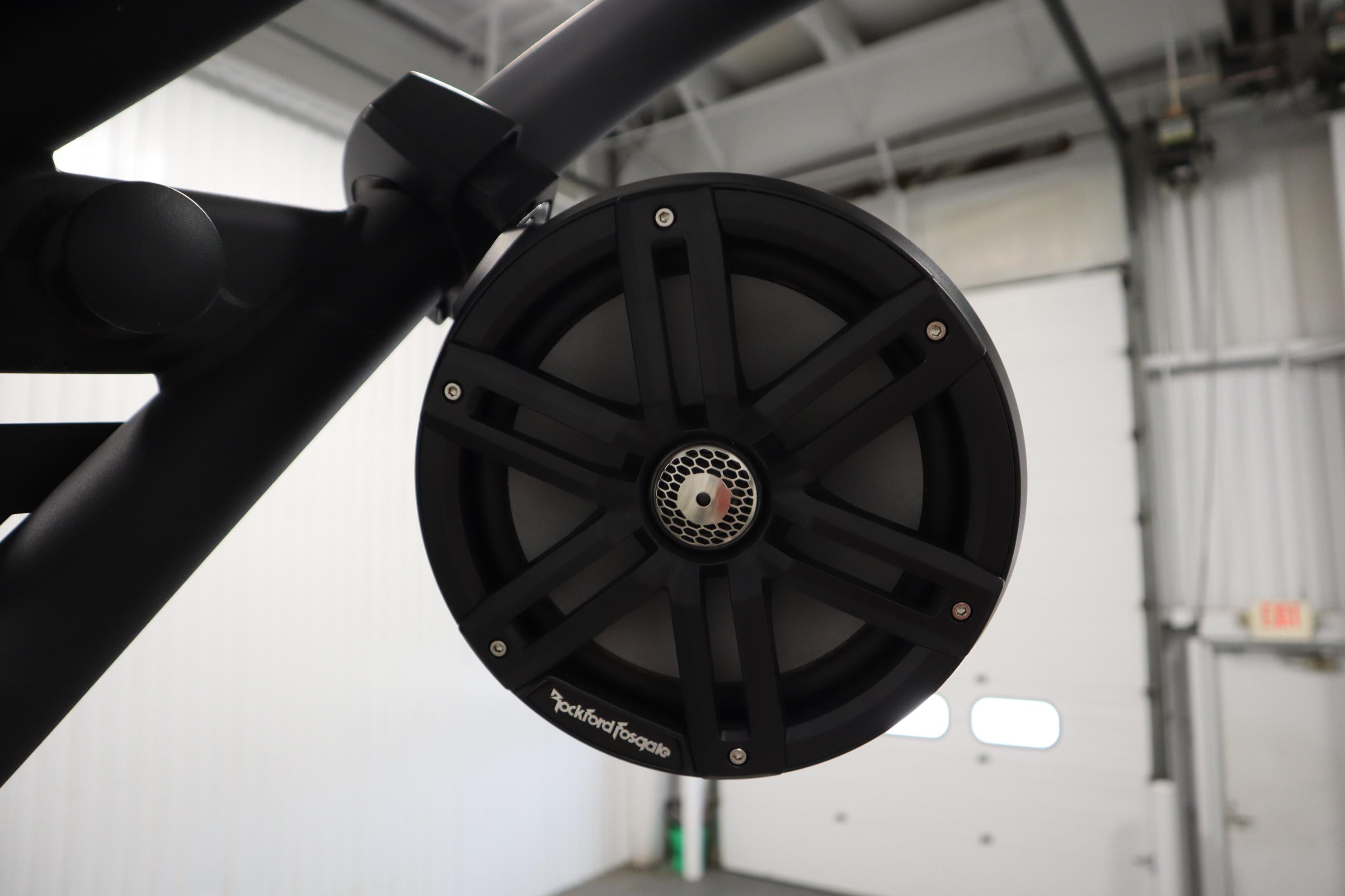 Close-up of a Rockford Fosgate speaker on a 2023 Heyday WT Surf boat.