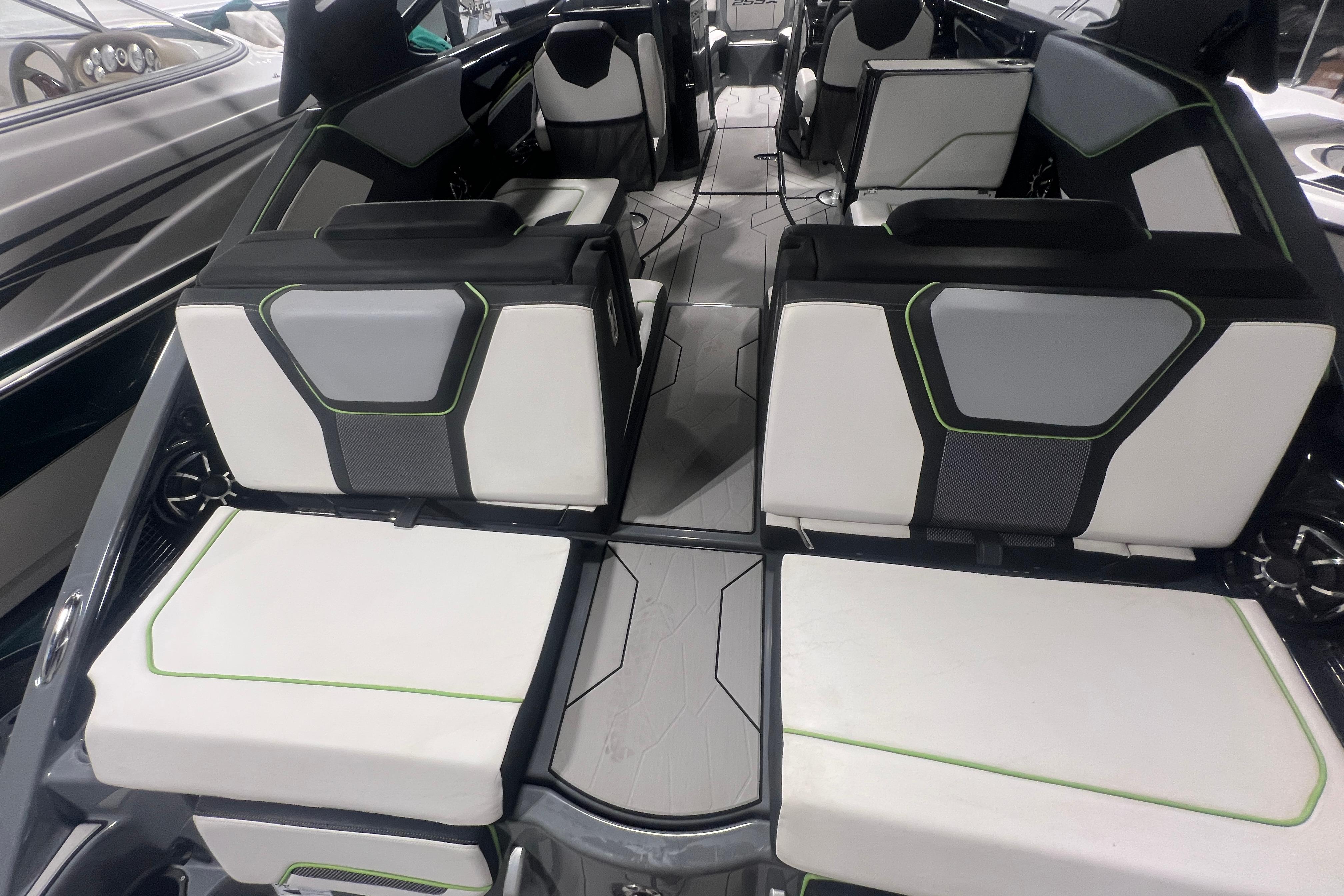 2021 Yamaha Boats 255XD interior with modern seating and sleek design.