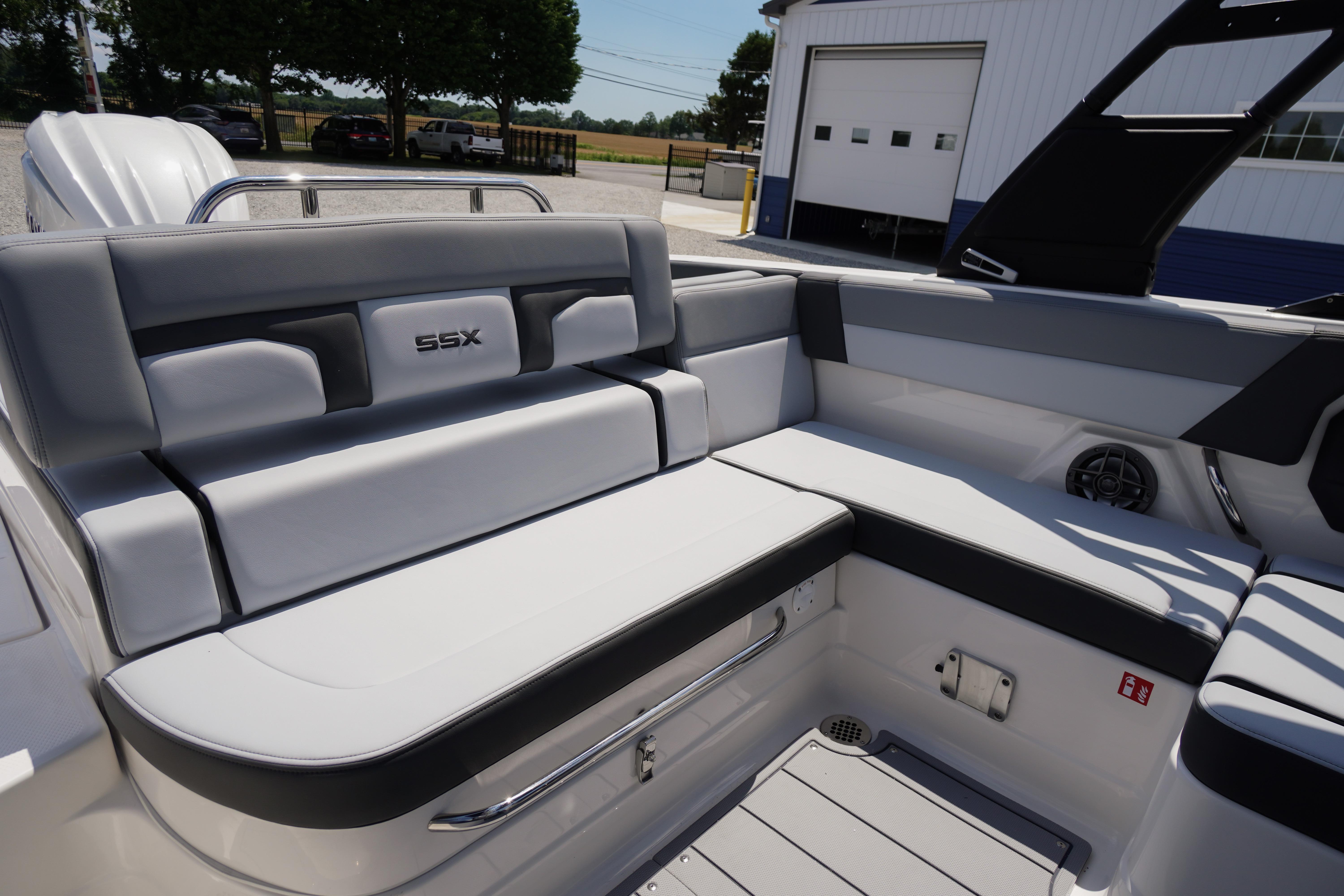 2026 Chaparral SSX 4 boat interior with sleek gray seating and modern design.
