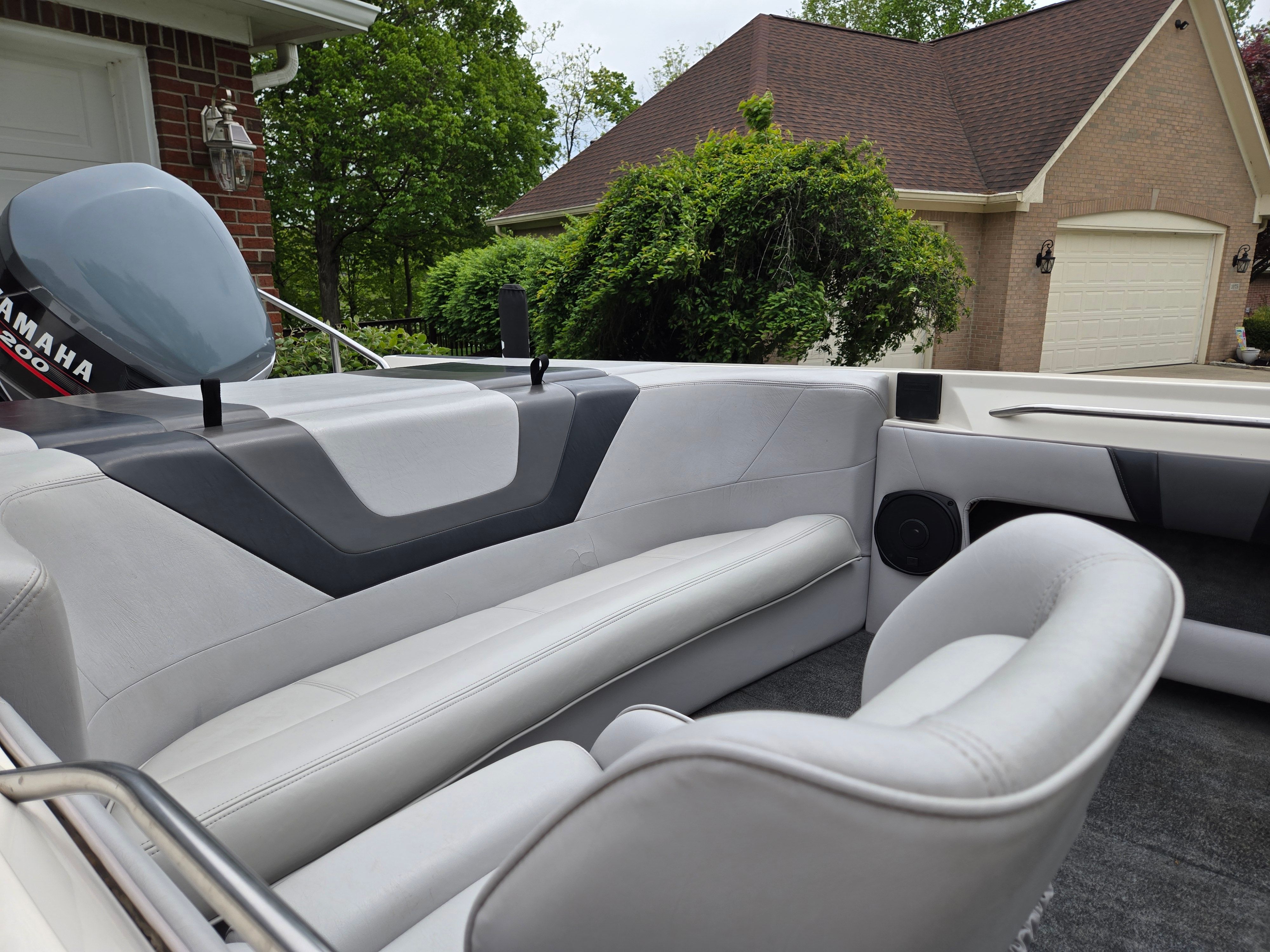 Interior of a 1991 MasterCraft Barefoot 200 boat with Yamaha engine.