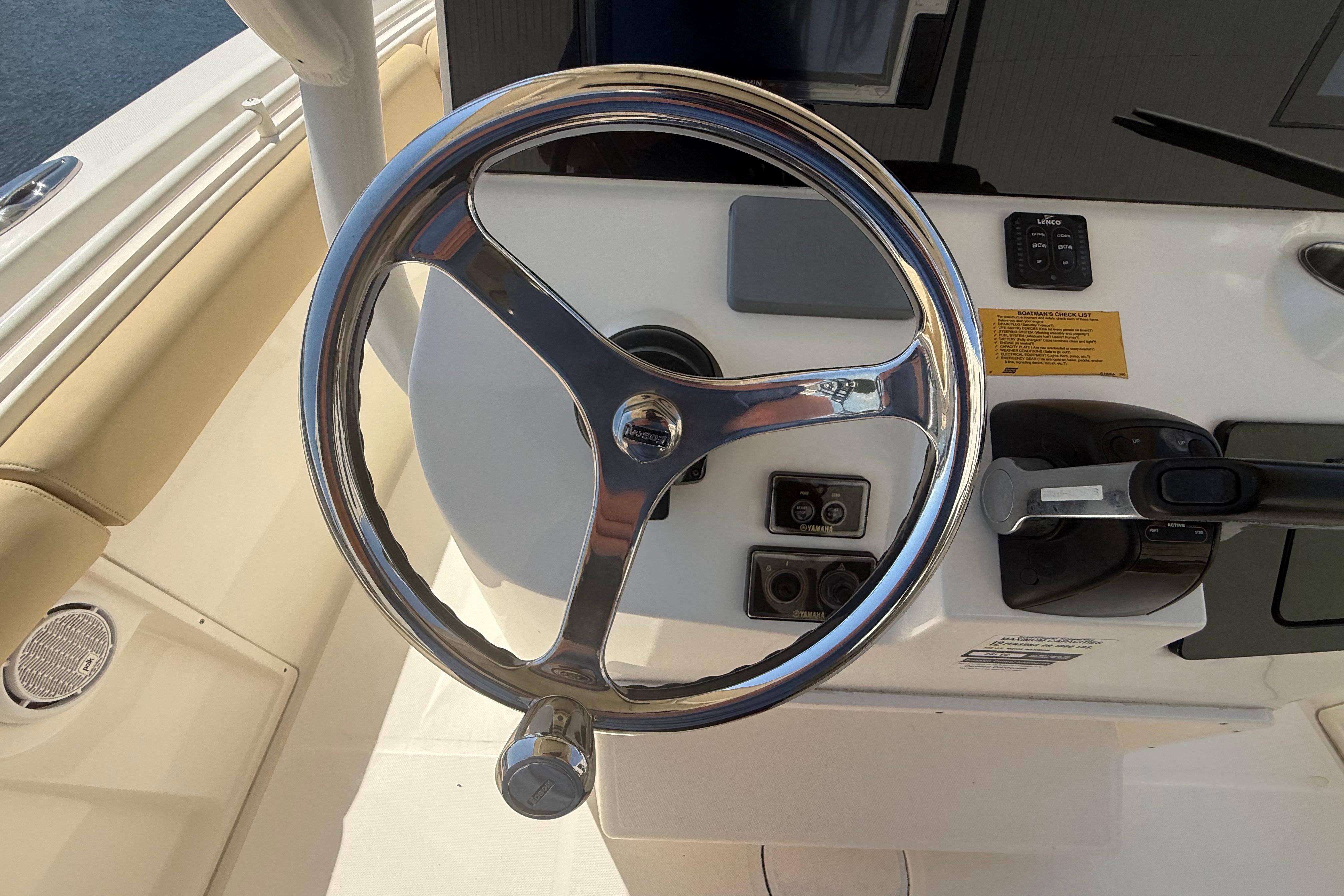 Steering wheel of 2019 Key West Billistic 281 Center Console boat.