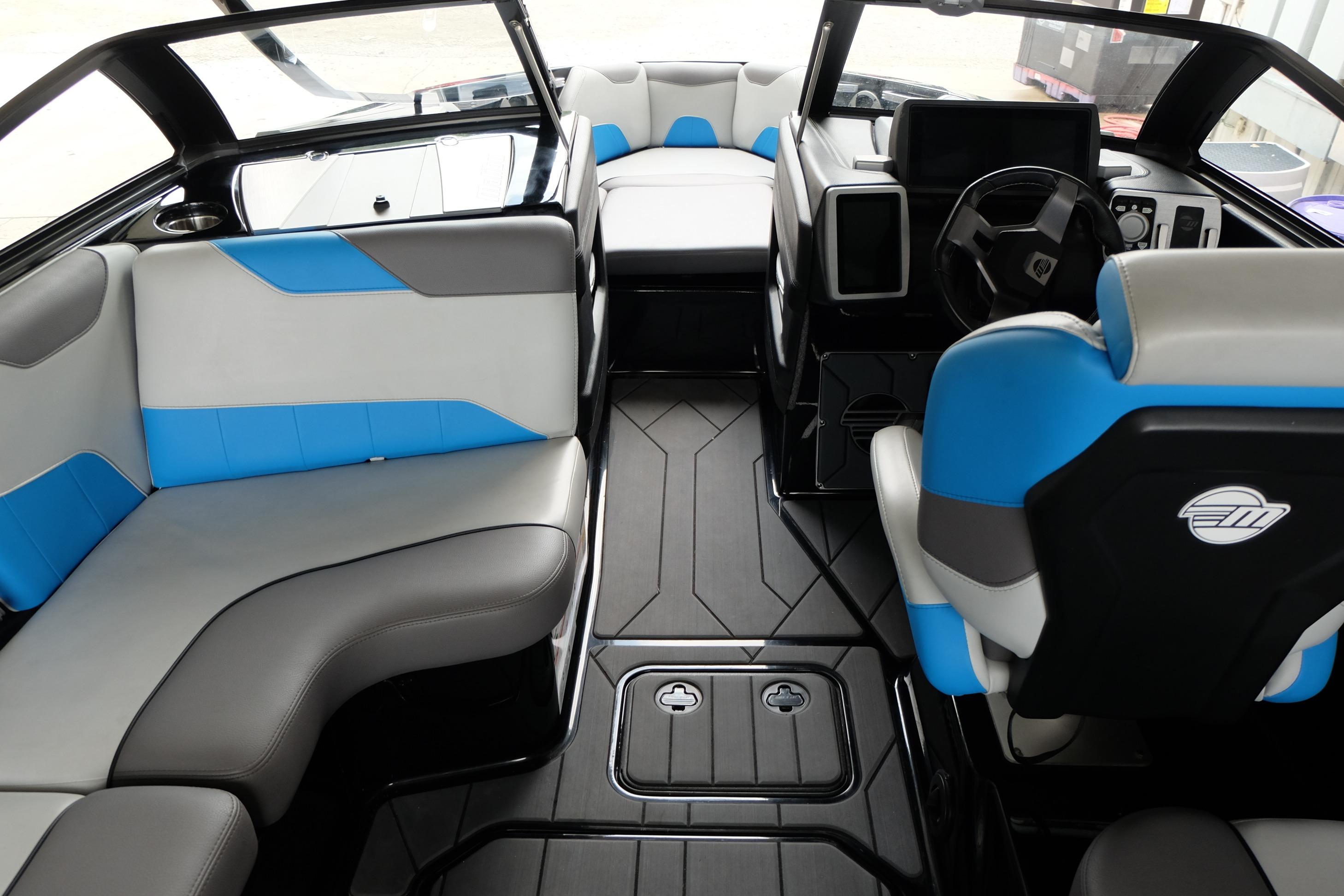 Interior of 2020 Malibu Wakesetter 23 LSV boat with modern seating and dashboard.