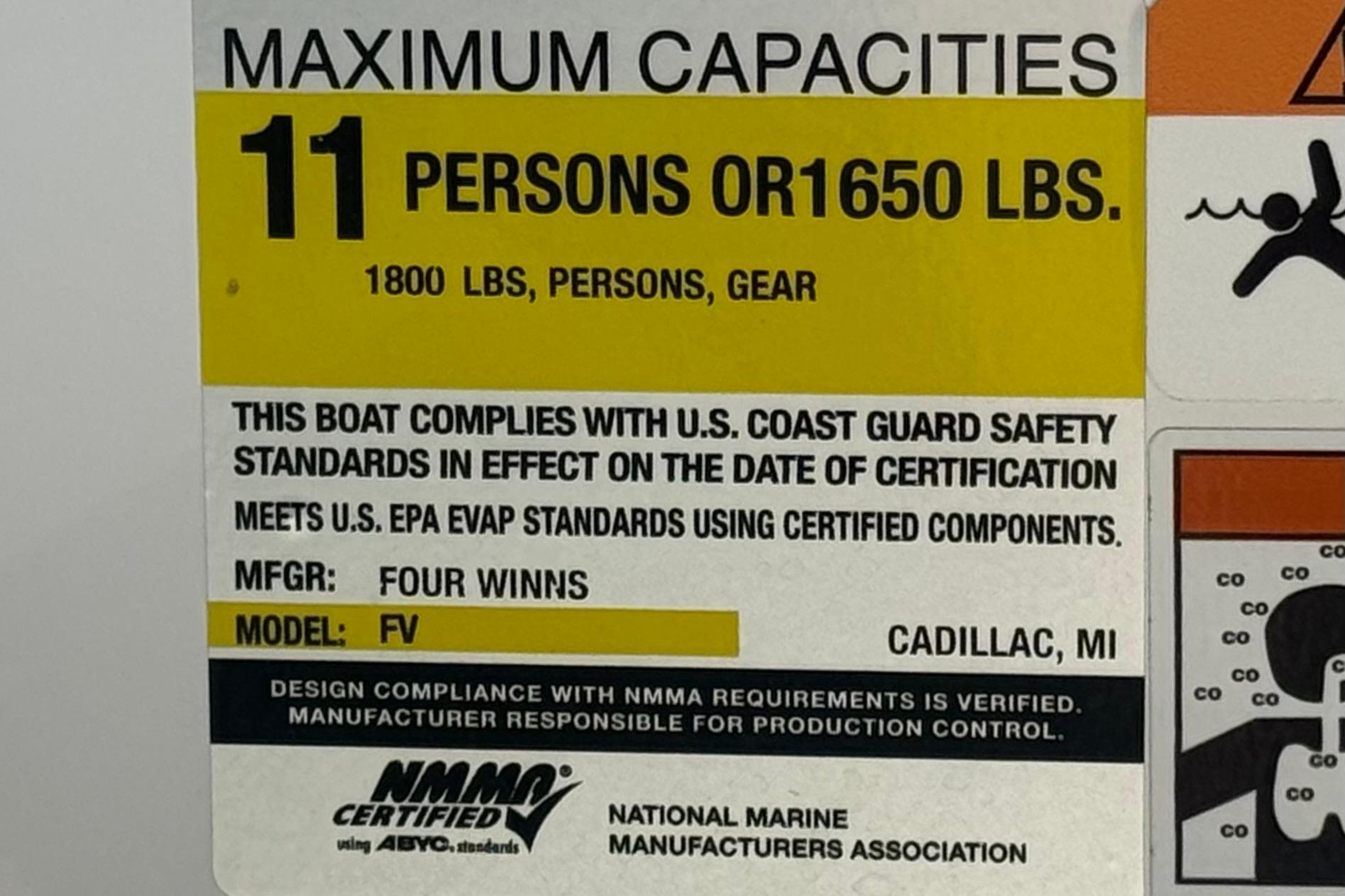 2022 Four Winns H4 boat capacity label, 11 persons or 1650 lbs, NMMA certified.