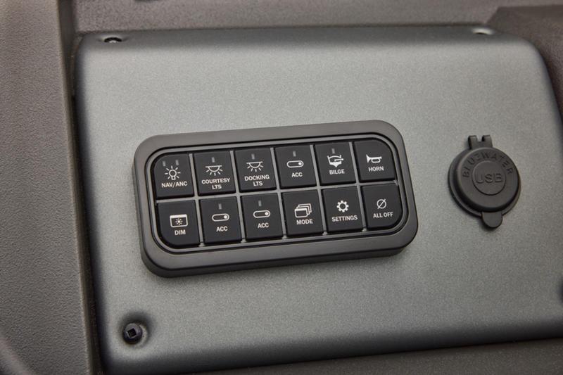 Control panel of 2026 Sun Tracker Party Barge 22 DLX with USB port and various switches.