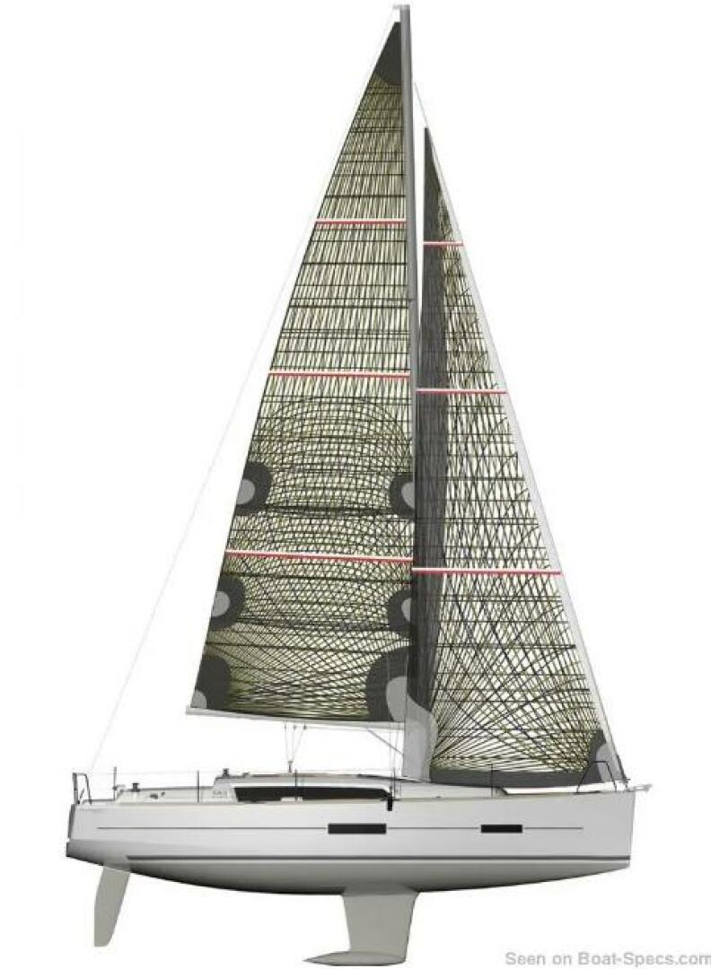 2015 Dufour 382 Grand Large sailboat with modern design and large sails.