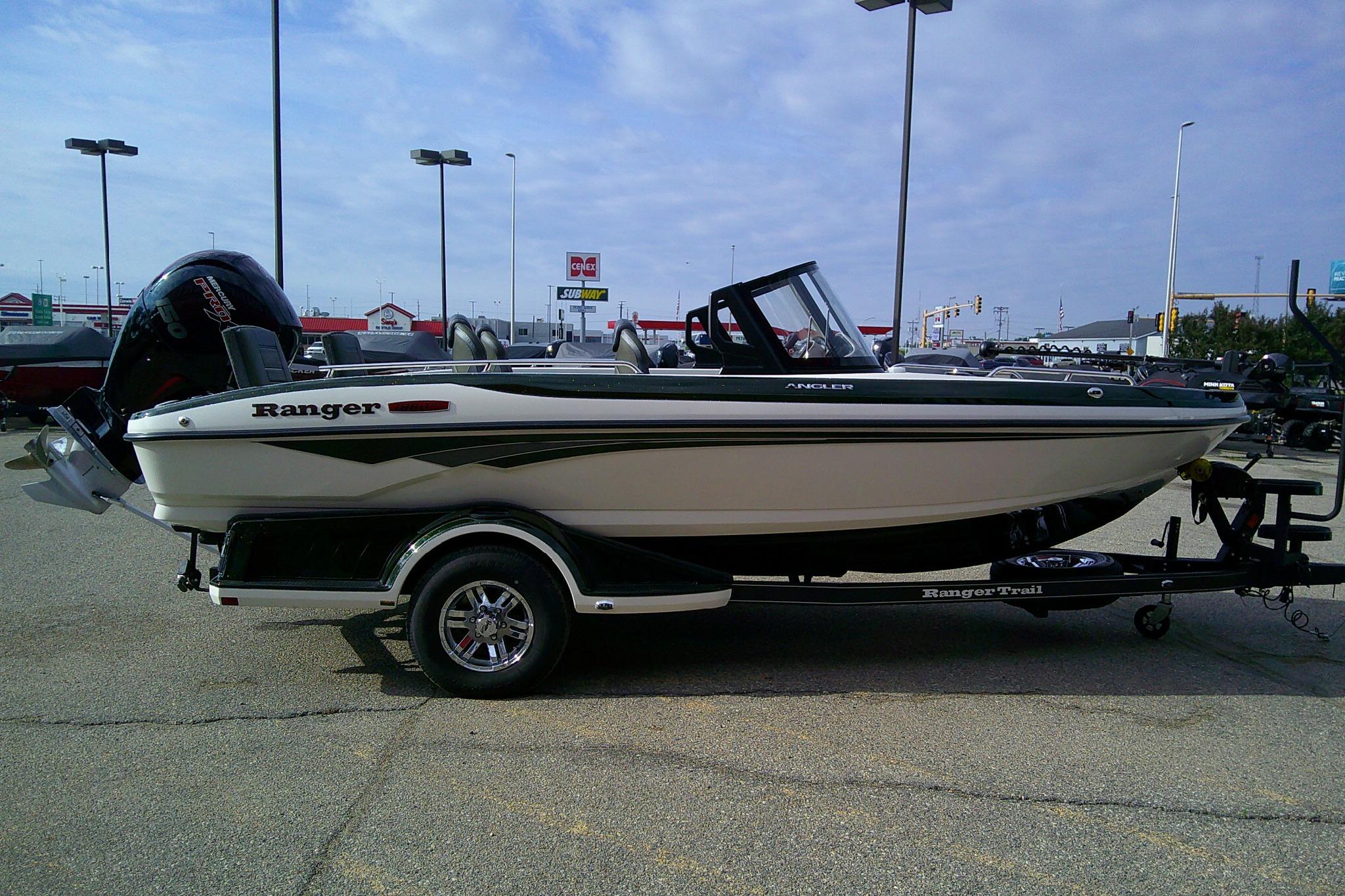 2026 Ranger 1880MS boat on trailer in parking lot, side view.