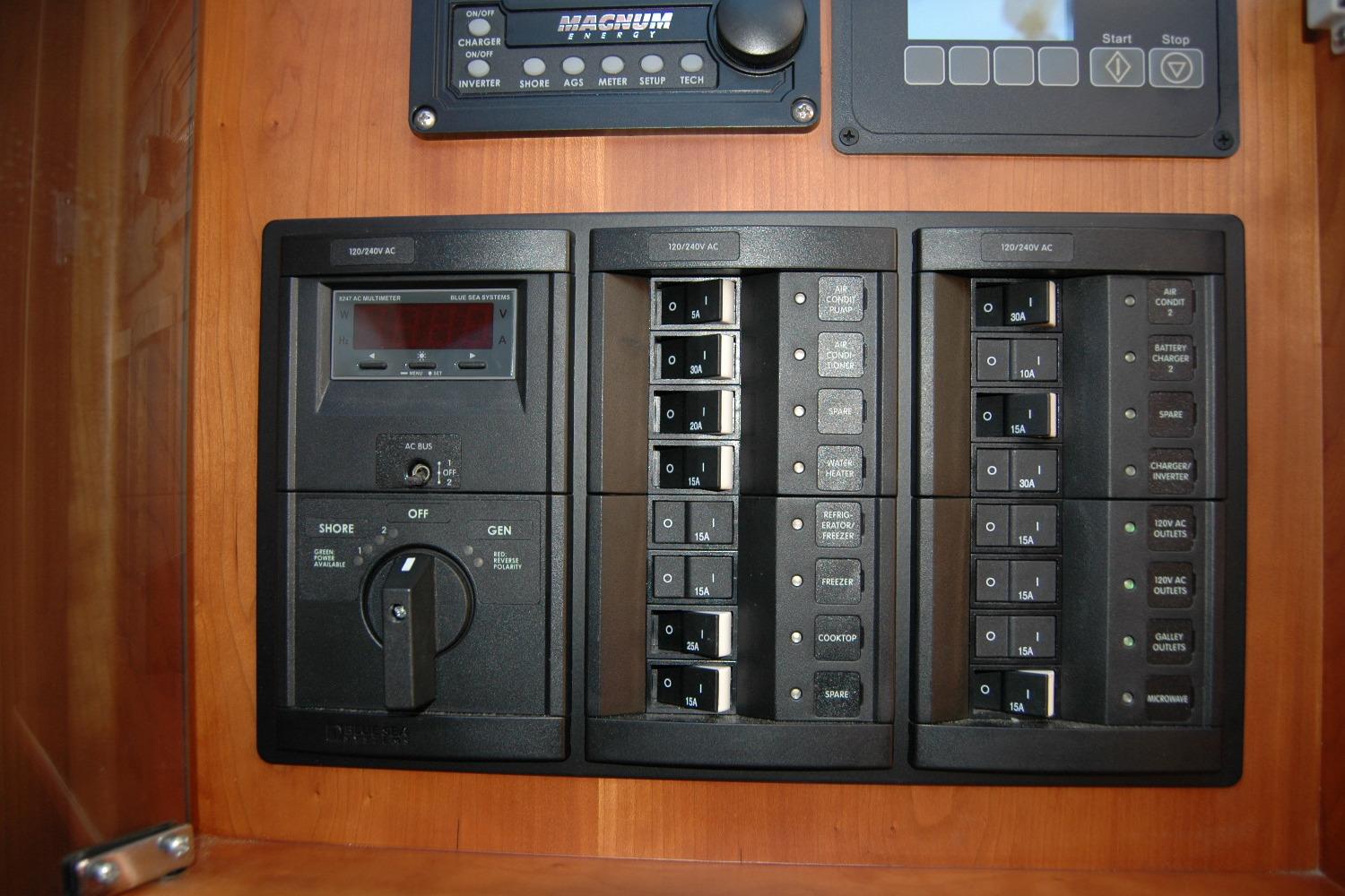 Electrical control panel on a 2019 Sabre 38 Salon Express yacht.