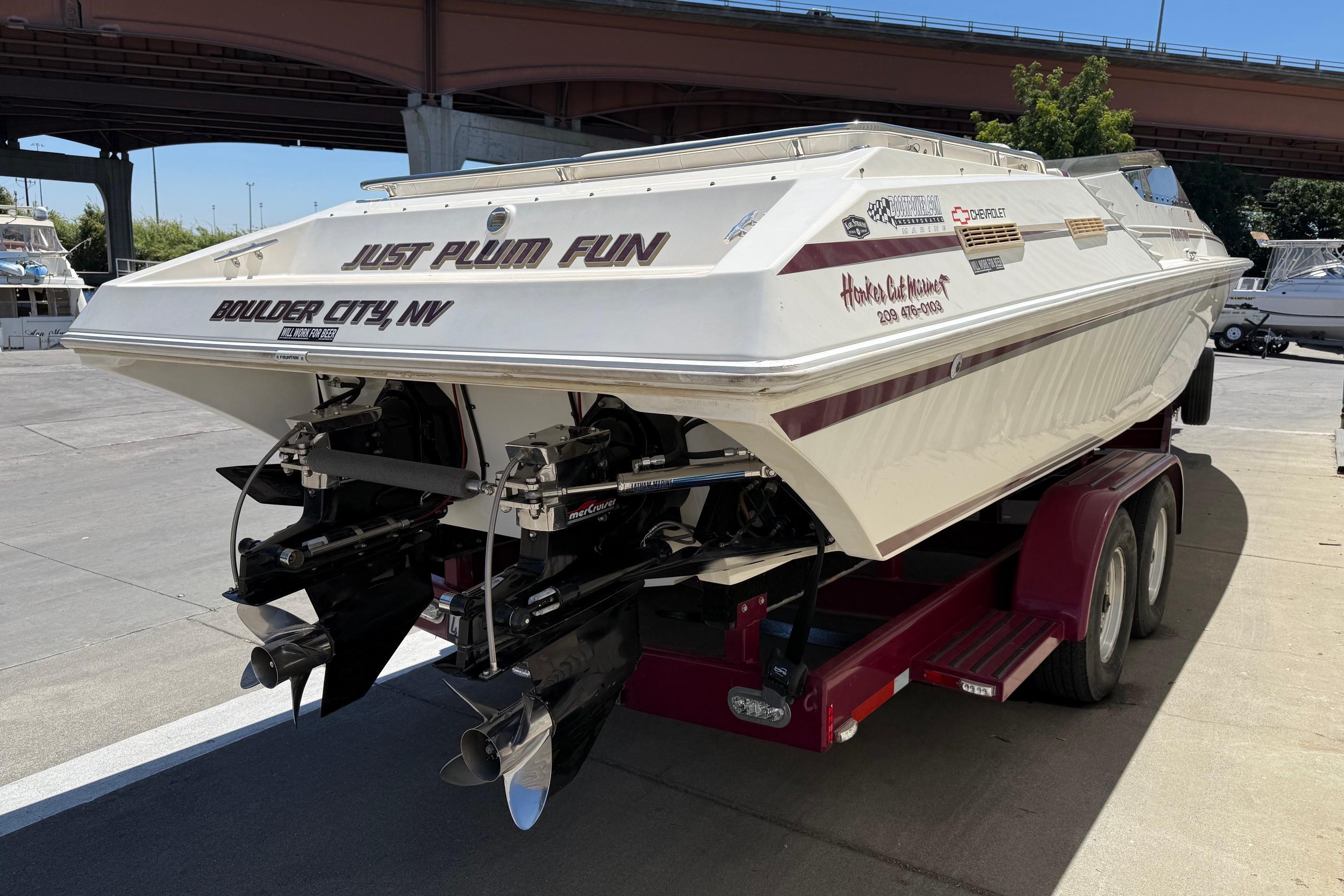 1998 Fountain 35 Lightning speedboat on trailer, Boulder City, NV, under a bridge.