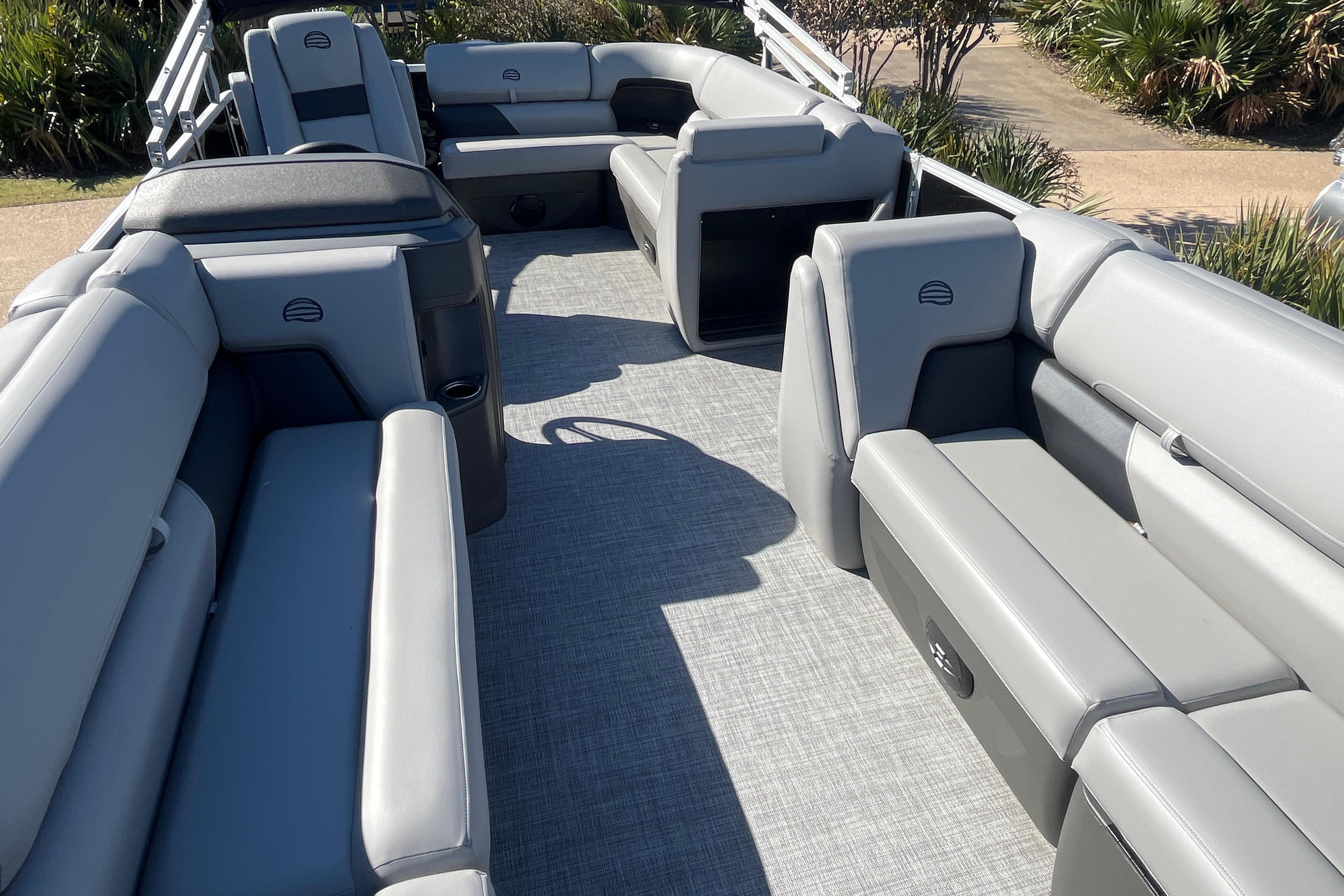 2026 Sun Tracker Party Barge 20 DLX interior with spacious seating and modern design.