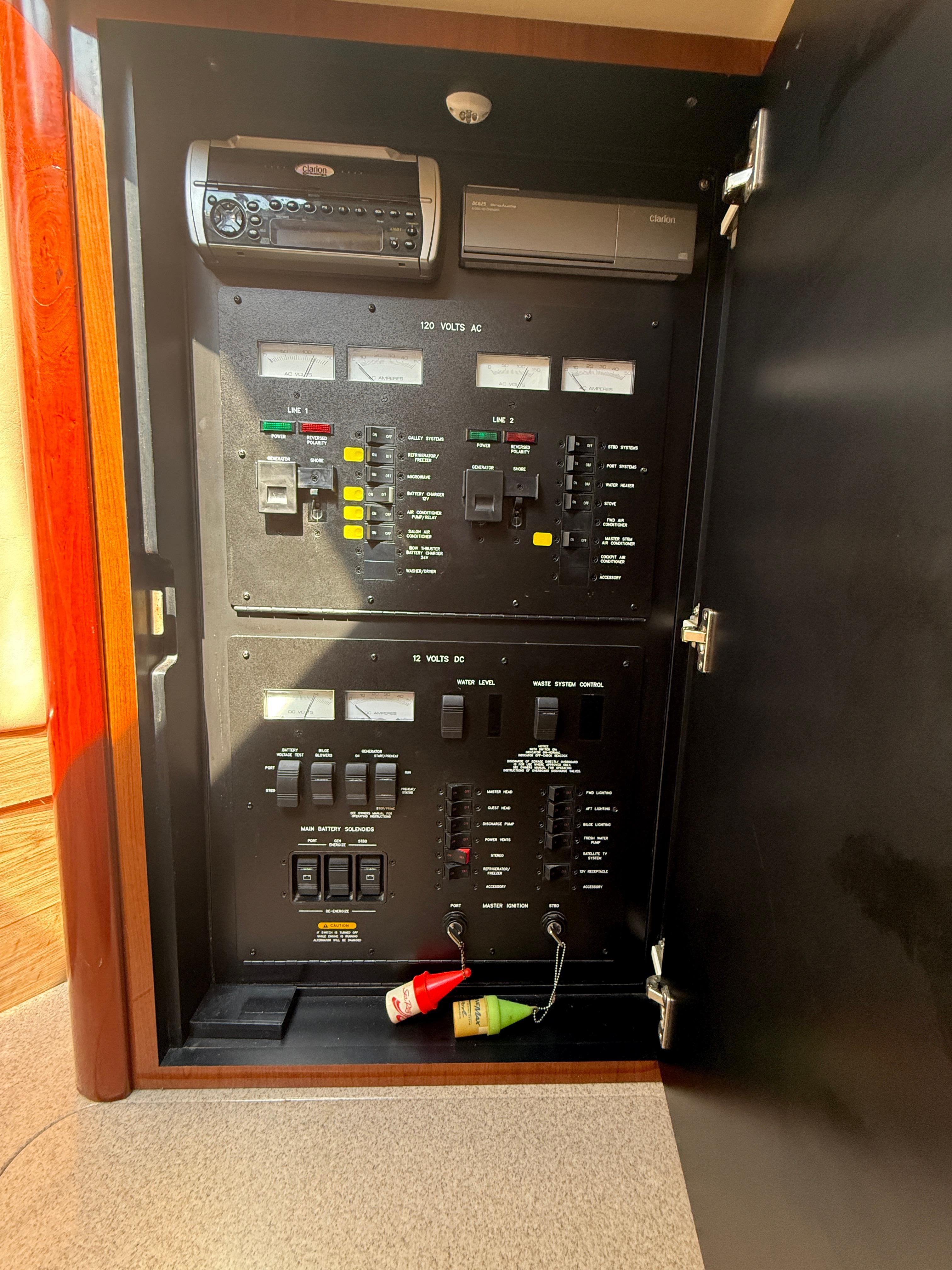 Electrical panel of a 2003 Sea Ray 420 Sundancer boat, showing controls and meters.
