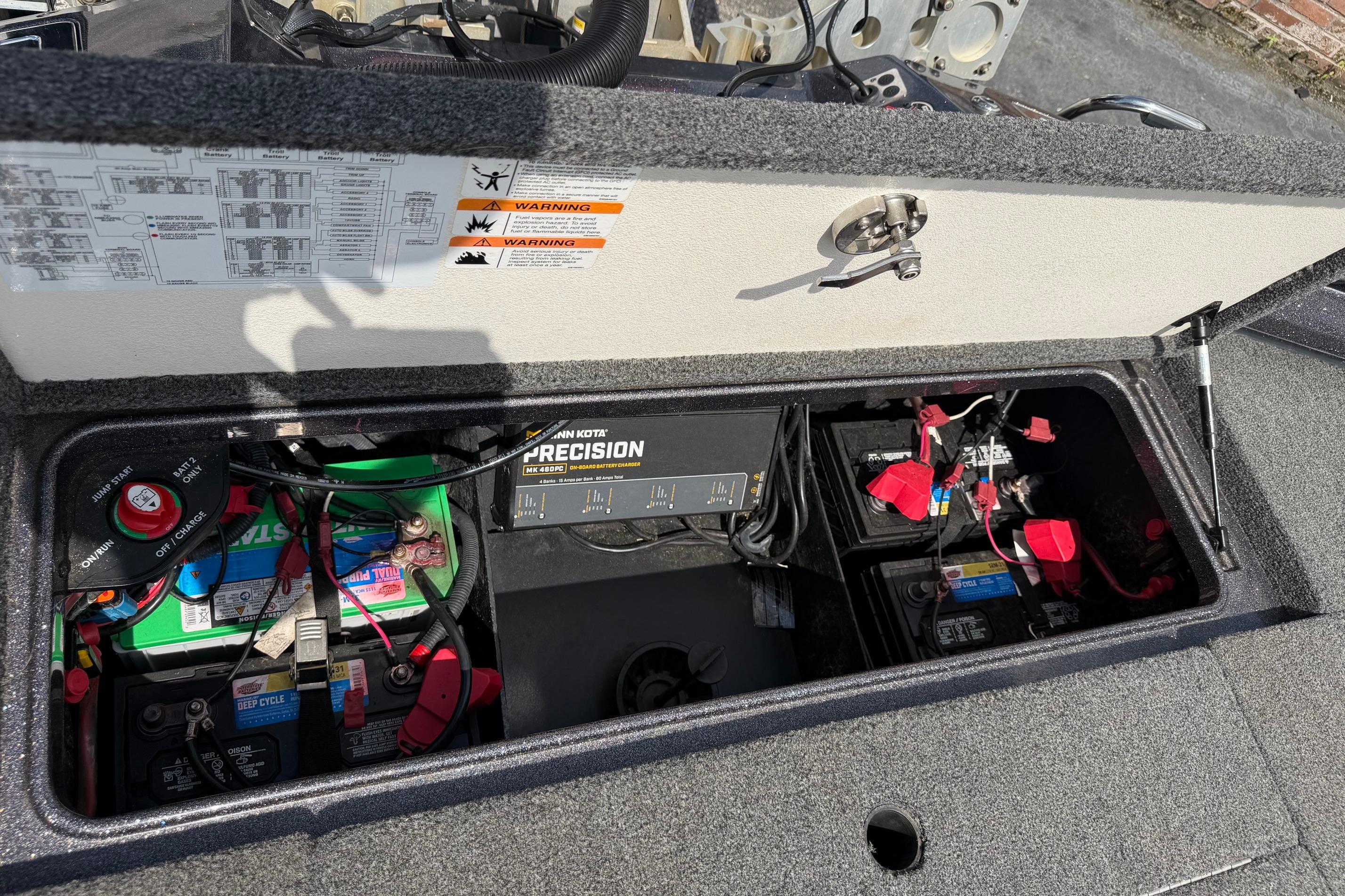 2020 Ranger Z520L boat battery compartment with Minn Kota Precision charger and wiring.