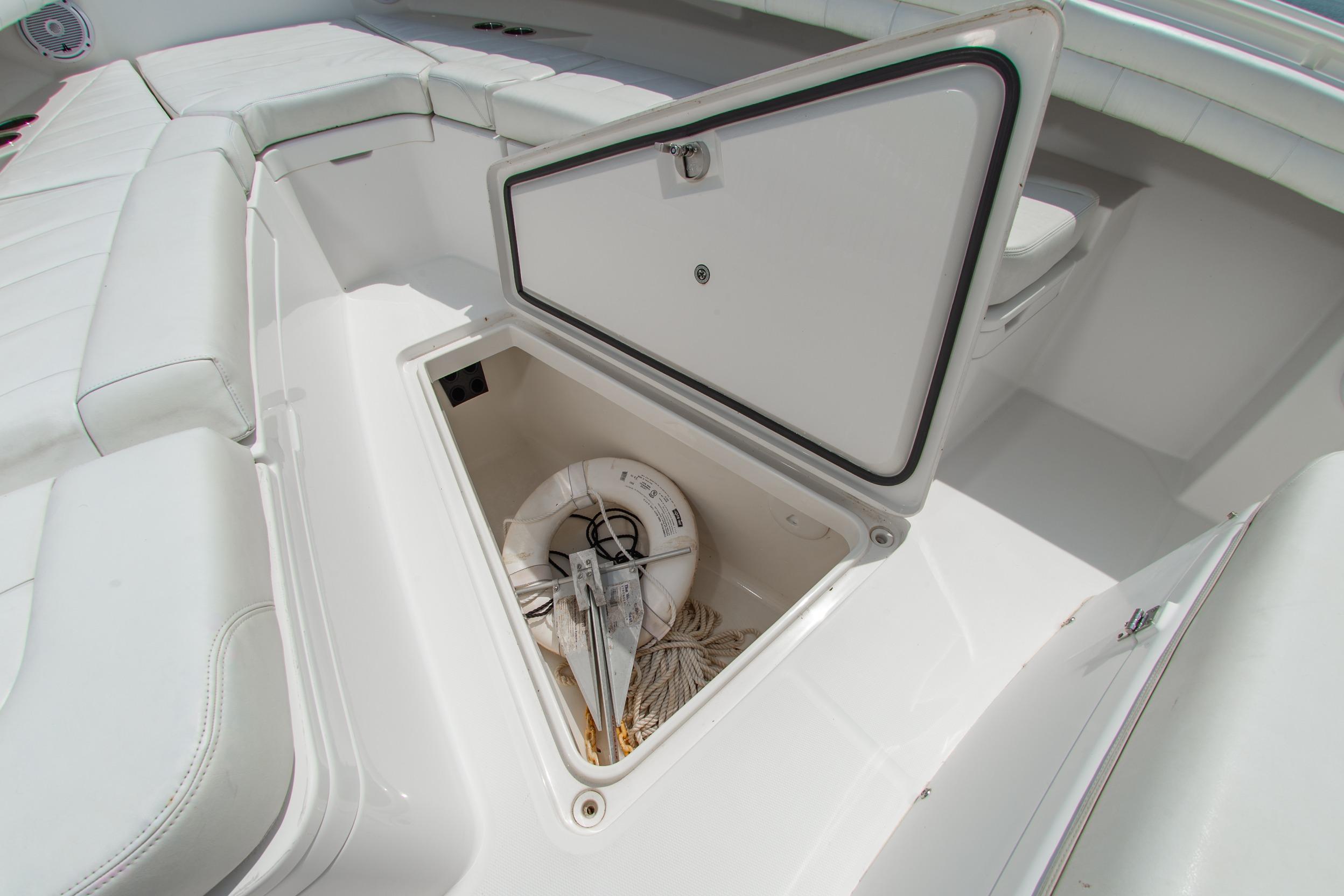 2019 Regulator 31 boat storage compartment with anchor and rope.