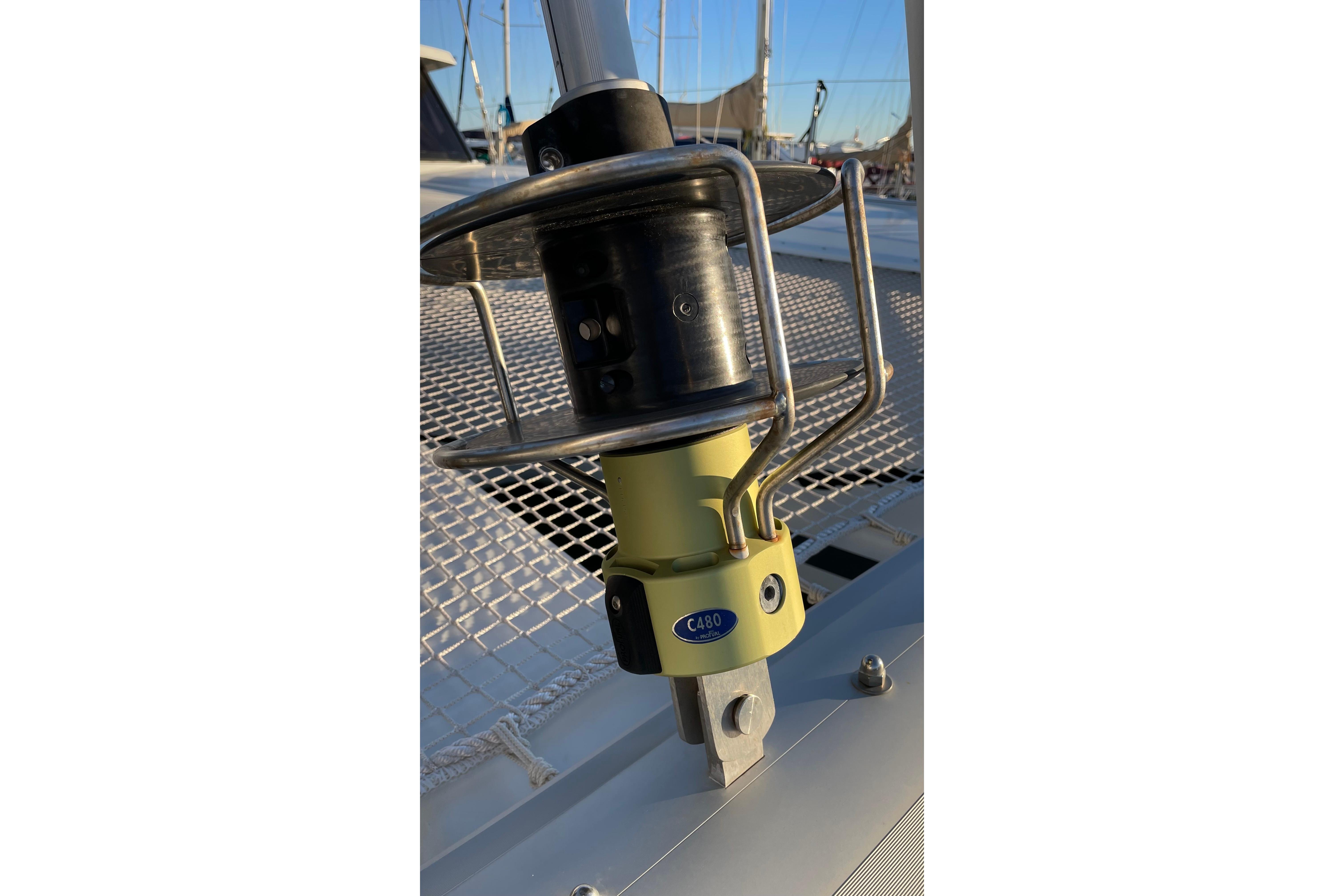 Fountaine Pajot Saona 47 sailboat deck detail, featuring a C480 winch, 2020 model.