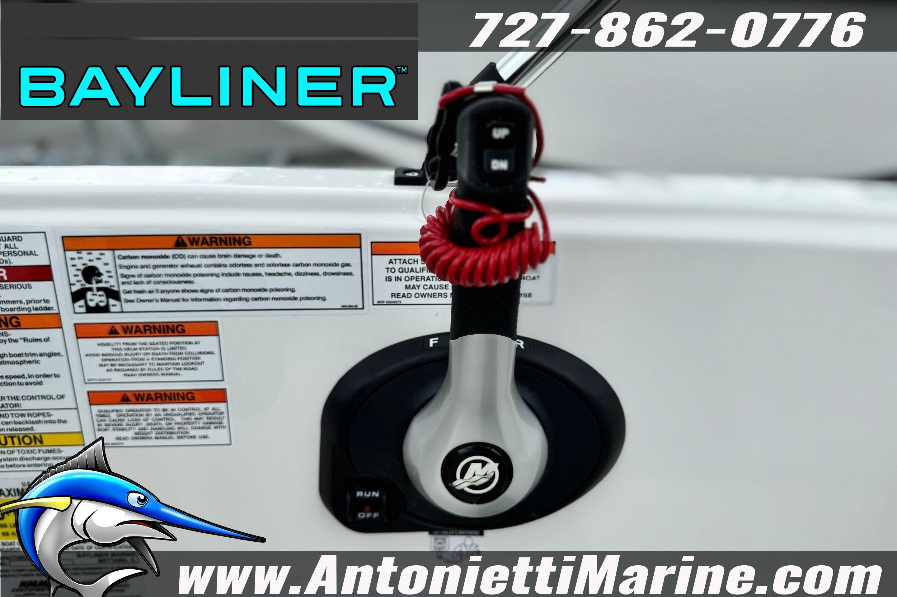 2026 Bayliner Element E16 boat control panel with safety warnings and contact information.
