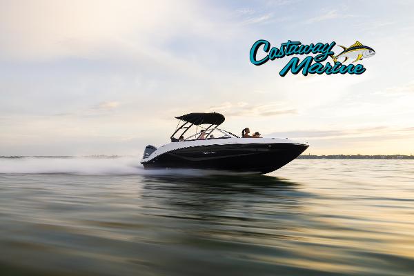 2025 Hurricane SunDeck 235 OB speeding on water, Castaway Marine logo visible.