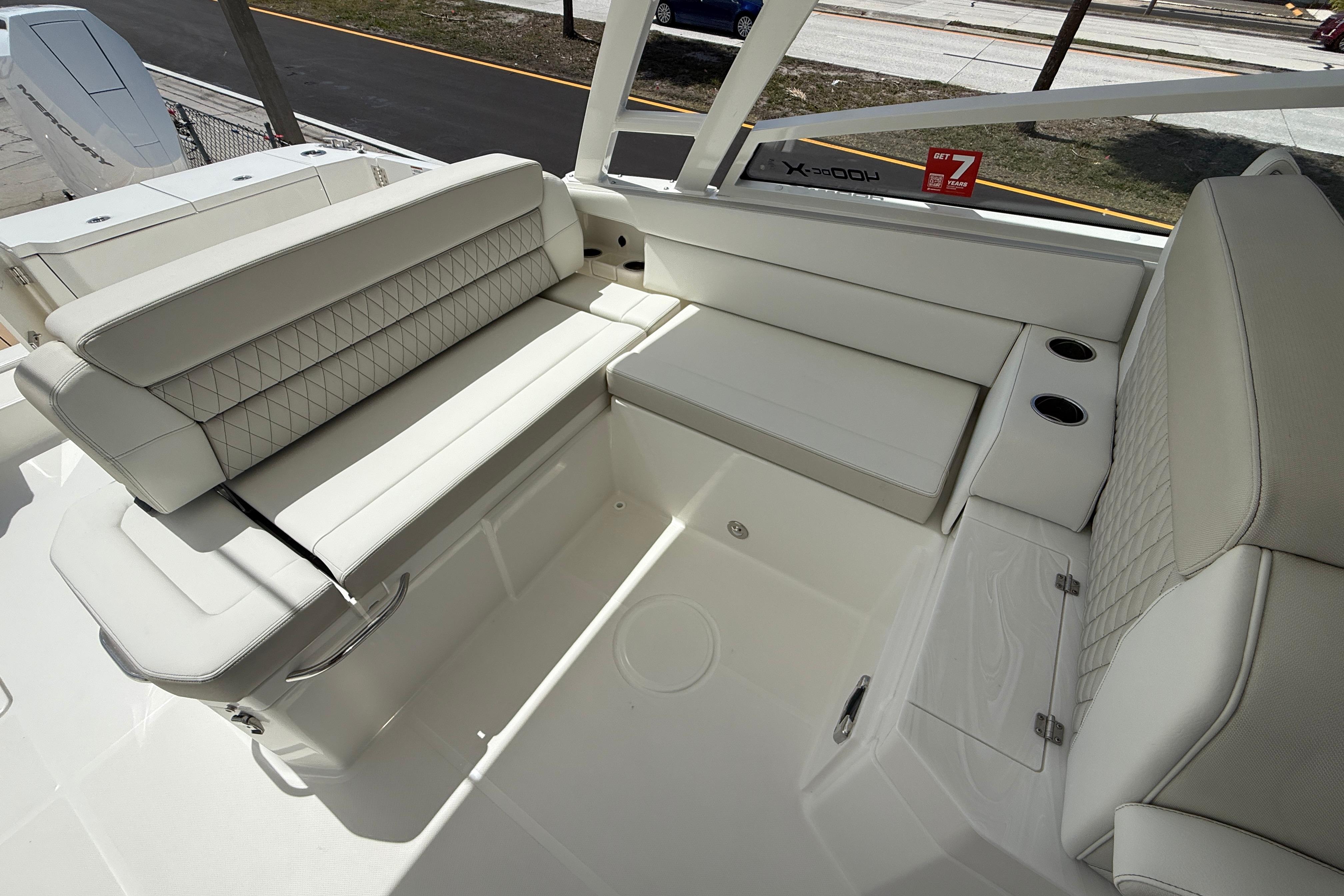 Luxurious seating area on the 2026 World Cat 400 DC-X Island boat.
